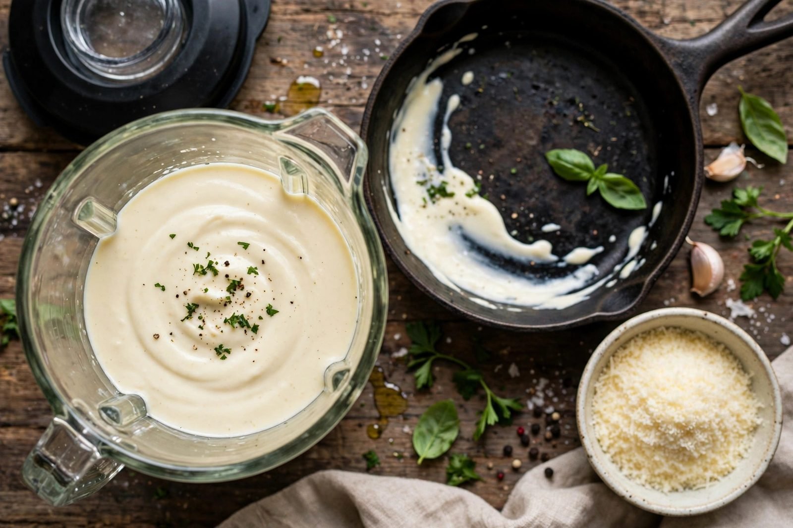Silky blended cottage cheese in a blender jar beside a skillet.