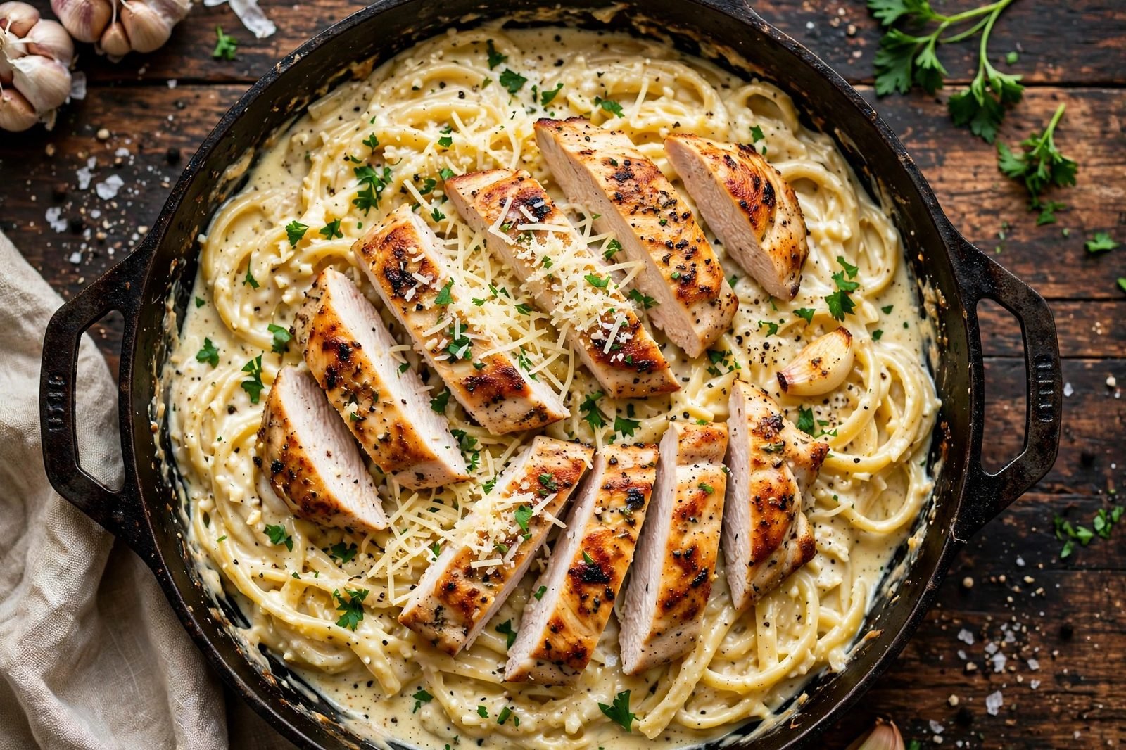 Overhead view of a skillet of creamy garlic parmesan pasta topped with sliced chicken breast, parmesan, and parsley.