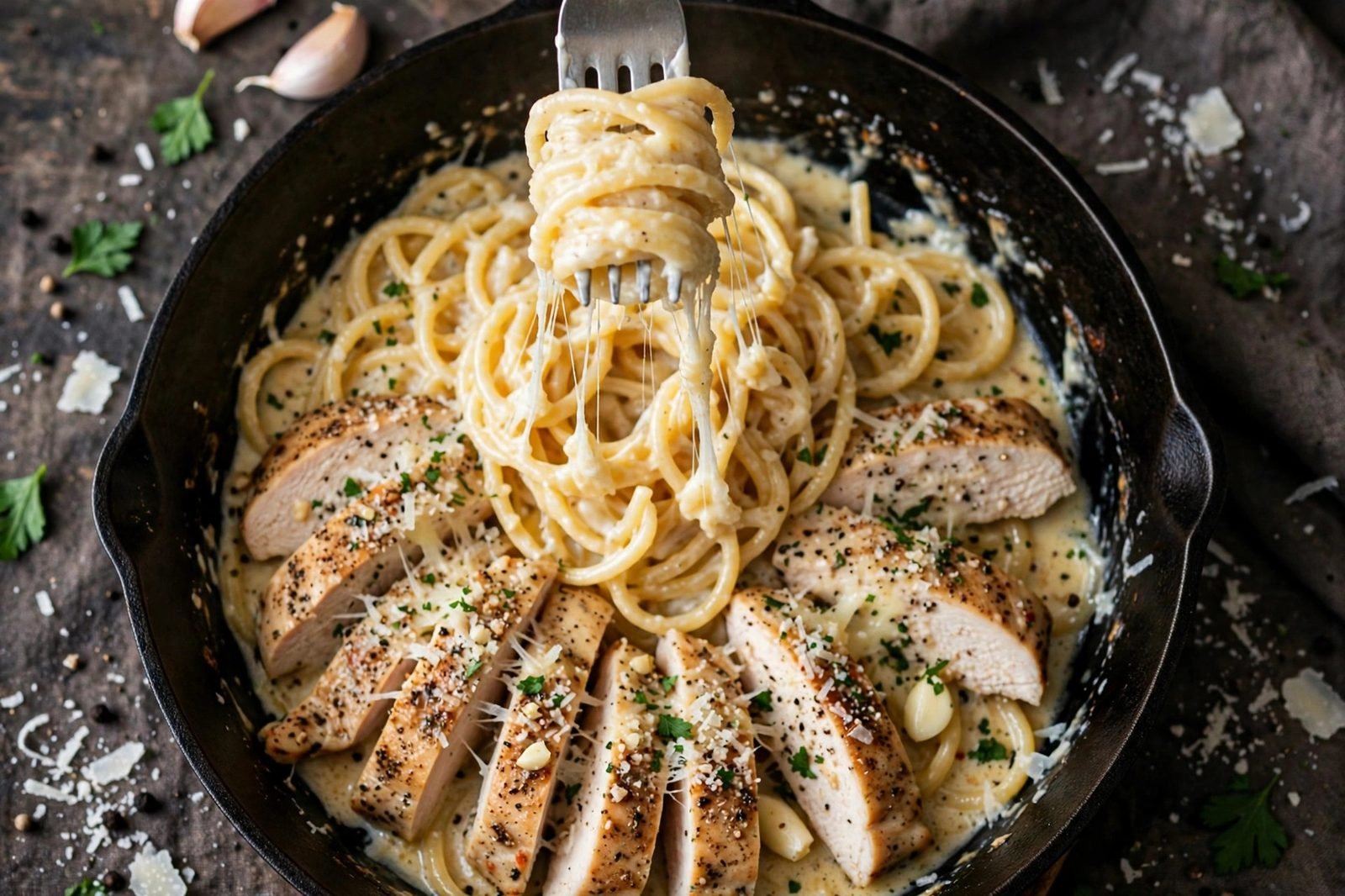 Fork twirled with creamy garlic parmesan pasta above a skillet.