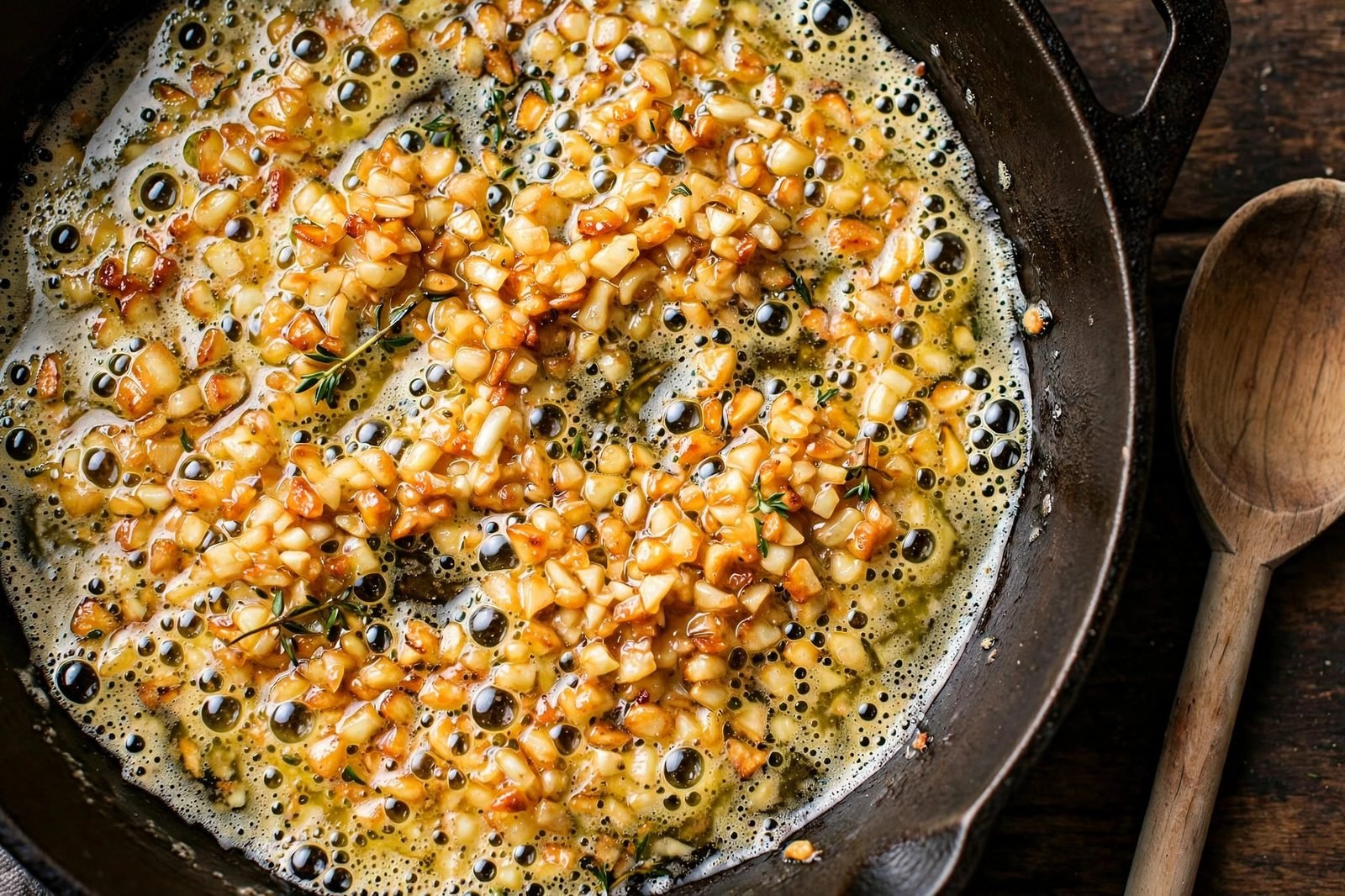 Minced garlic sizzling in melted butter in a skillet.