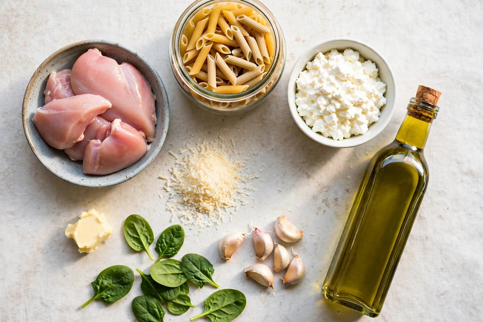 Overhead view of ingredients for garlic parmesan chicken pasta arranged on a countertop.