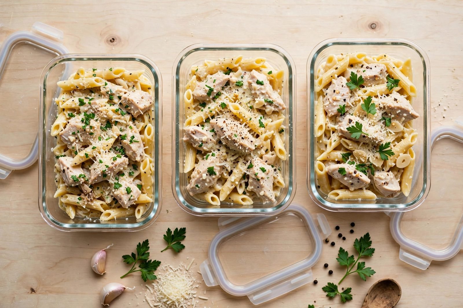 Glass meal-prep containers filled with garlic parmesan chicken pasta.