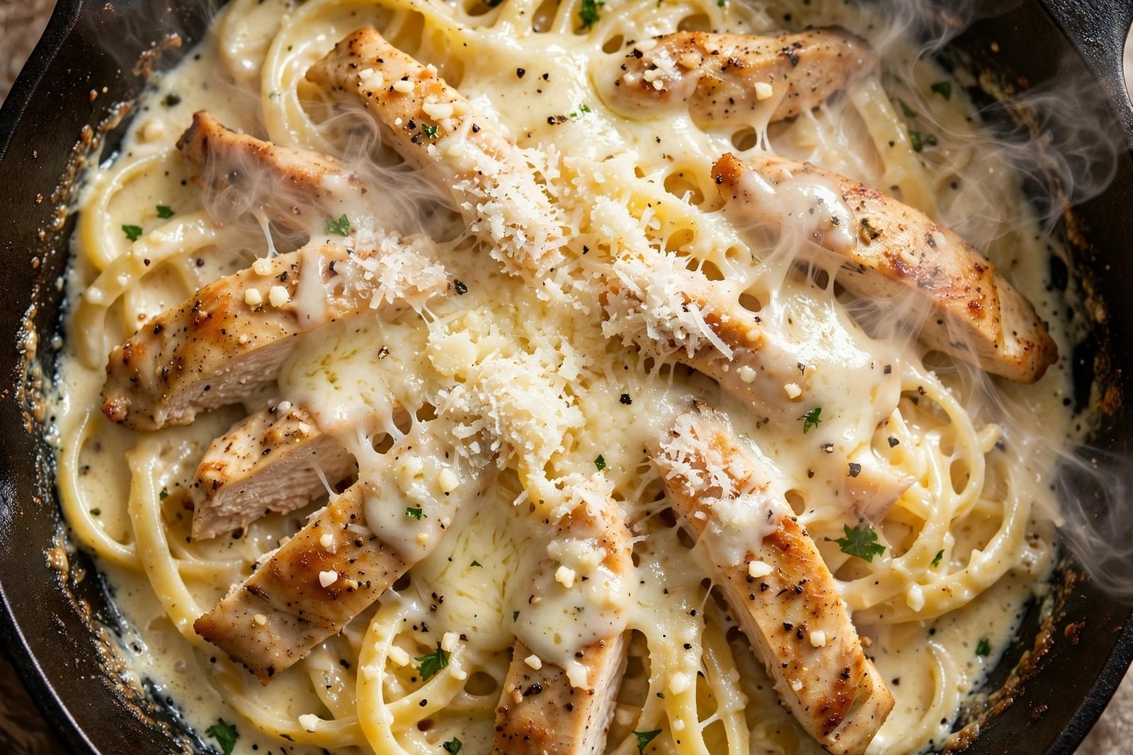 Close-up of grated parmesan melting over creamy garlic chicken pasta.