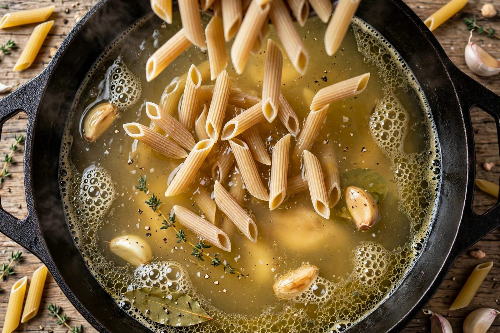 Uncooked chickpea fettuccine added to simmering garlic broth in a skillet.