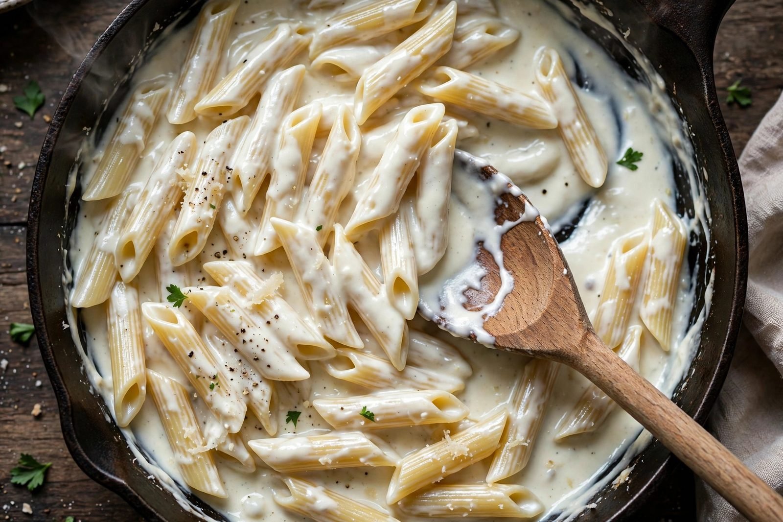 Creamy cottage-cheese sauce stirred through cooked pasta in a skillet.