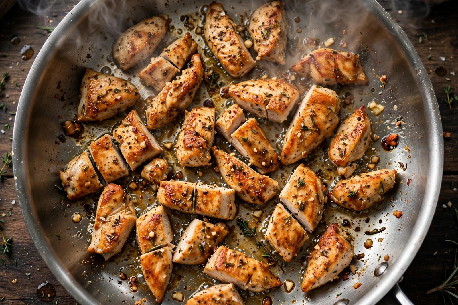 Chicken breast pieces searing in a hot skillet.