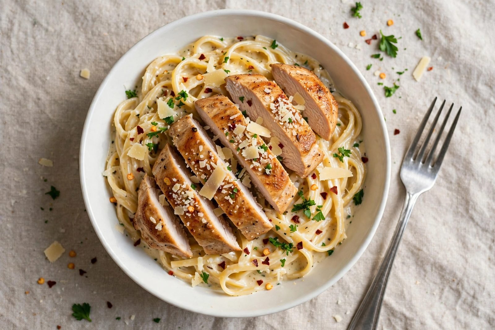 Bowl of garlic parmesan pasta topped with sliced chicken, parmesan, and parsley.