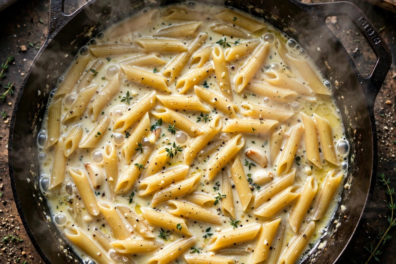 Pasta simmering in creamy garlic broth in a skillet.