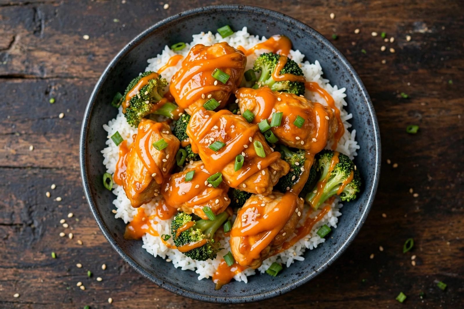 Overhead of a single bowl of bang bang chicken and broccoli with garnishes.