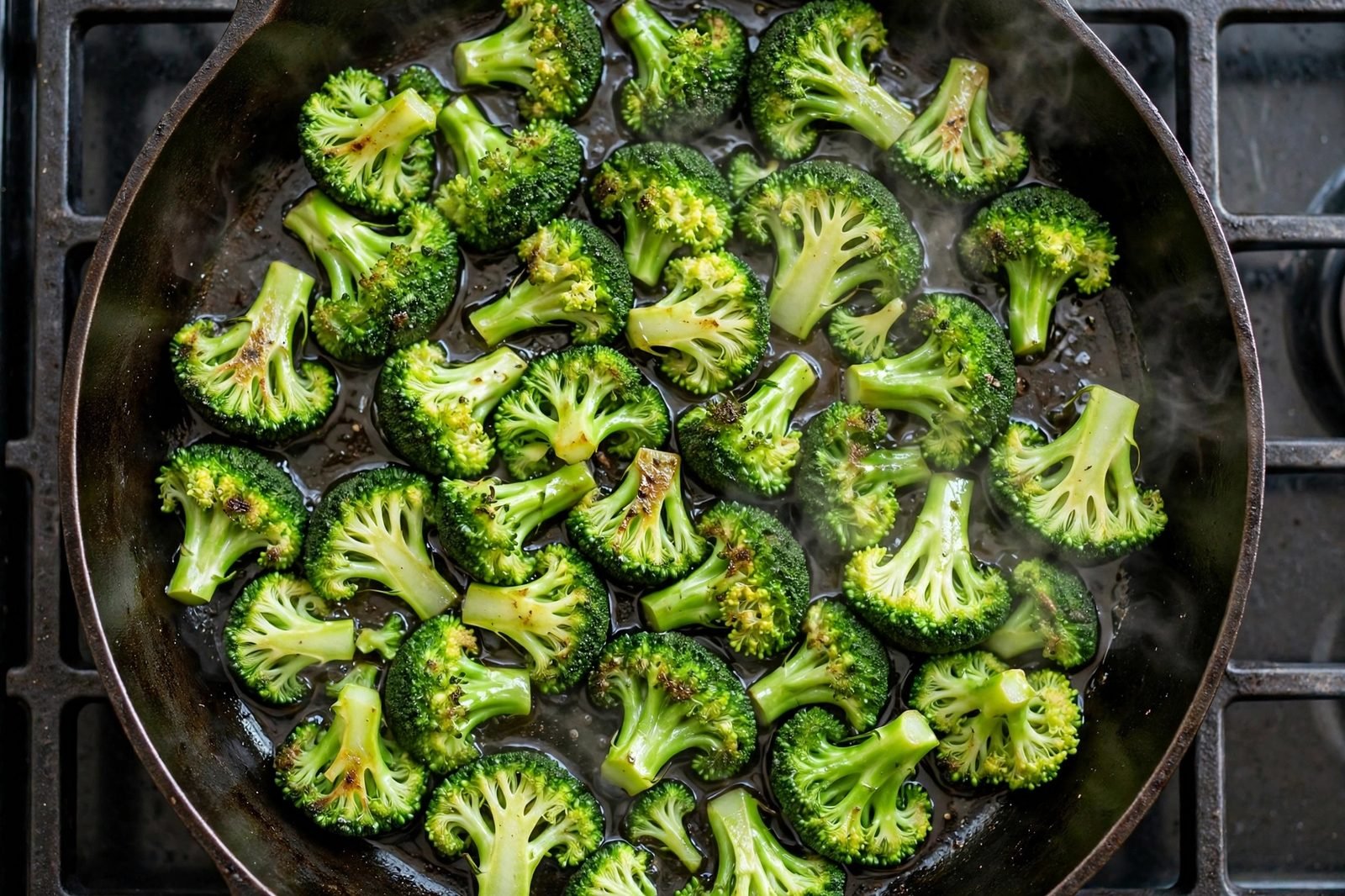 Broccoli florets sauteing in a skillet.