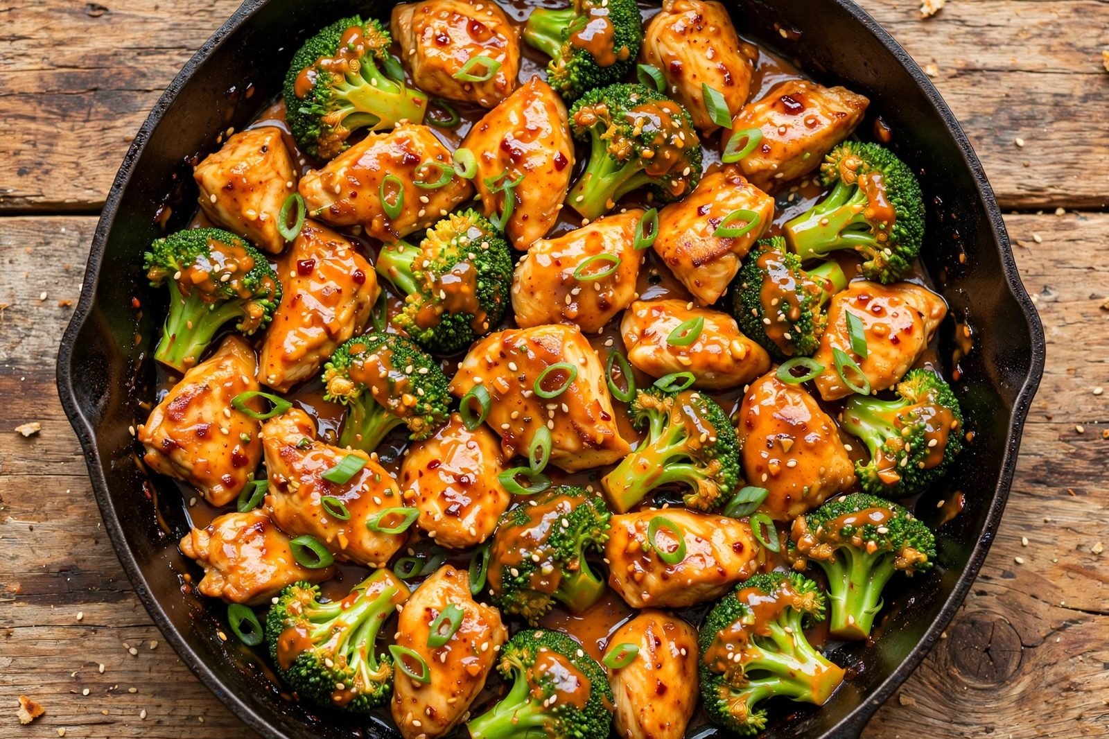Overhead of a skillet of bang bang chicken and broccoli tossed in glossy sweet-chili sriracha sauce.