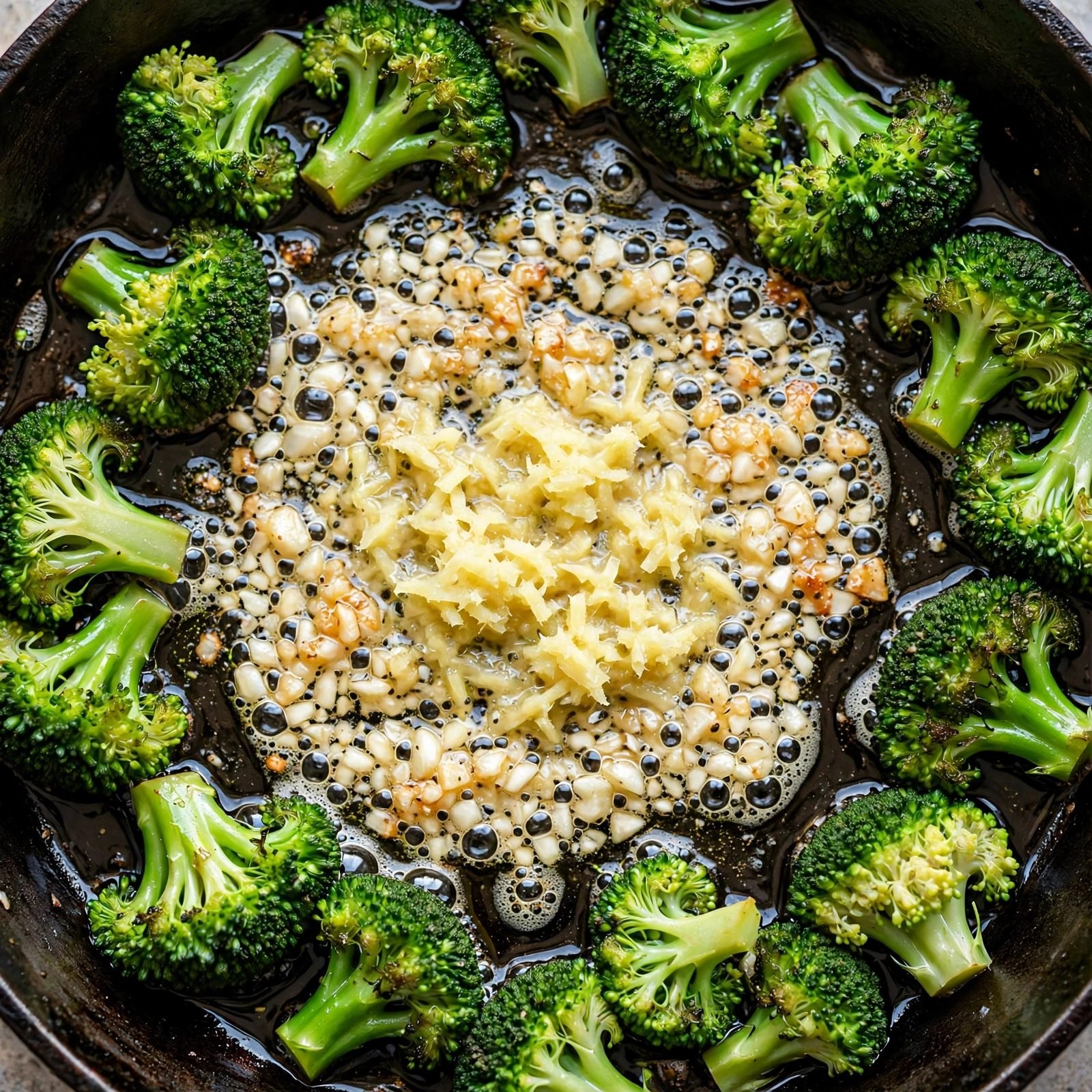 Minced garlic and grated ginger cooking in the center of a skillet.