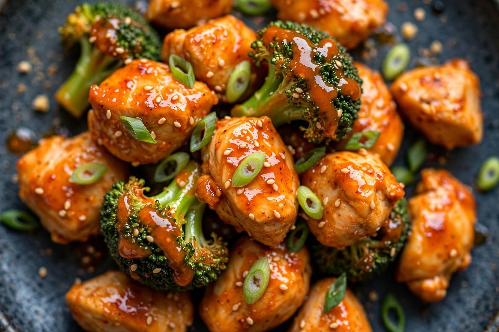 Close-up of glossy bang bang chicken and broccoli.