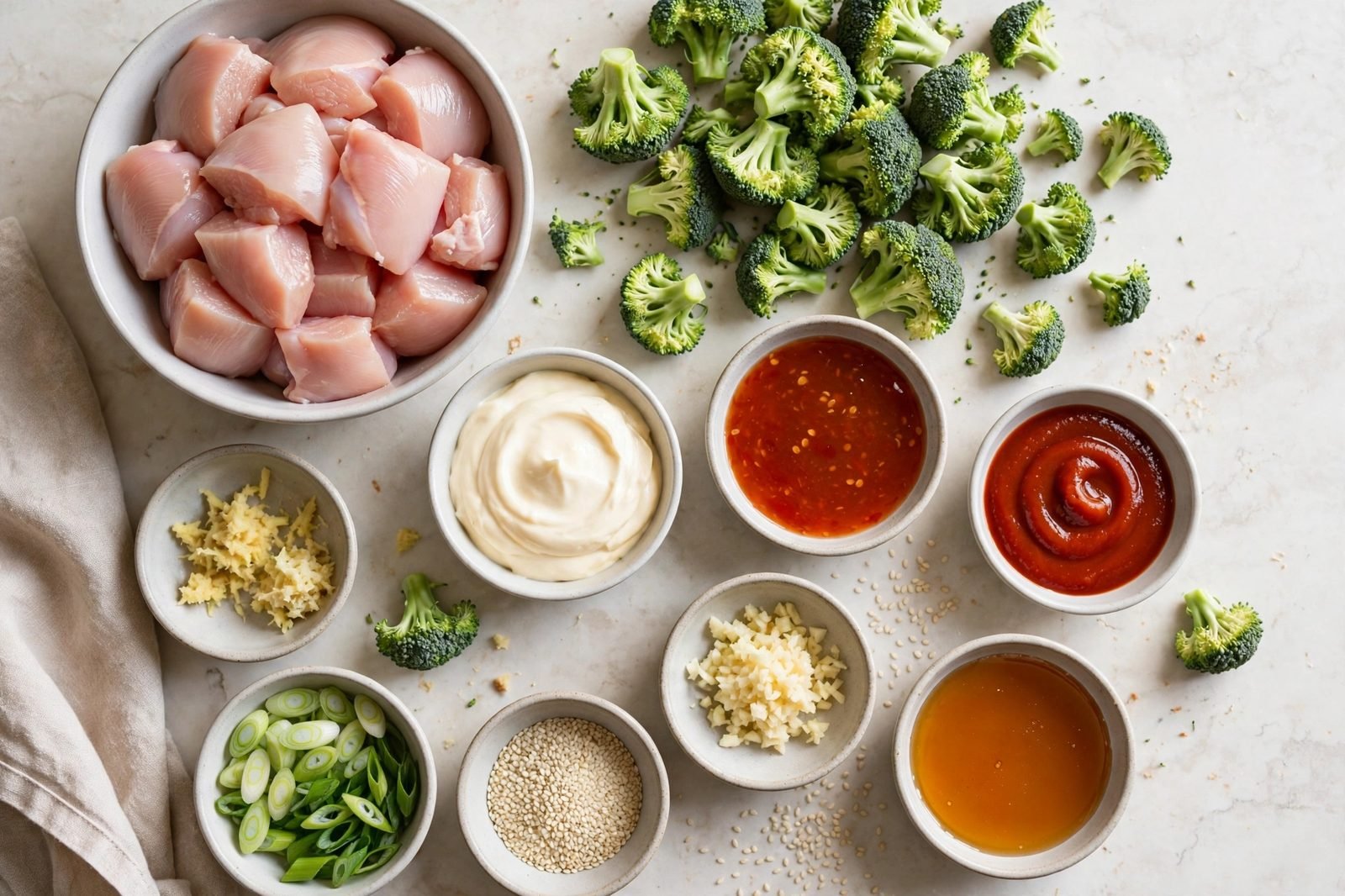 Ingredients for bang bang chicken and broccoli: chicken breasts, broccoli florets, sauce ingredients, garlic, ginger, and green onions.