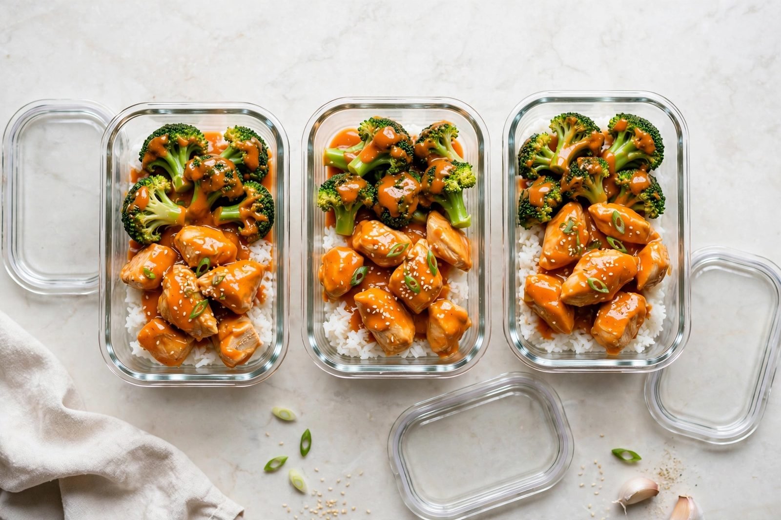 Meal-prep containers filled with bang bang chicken and broccoli.