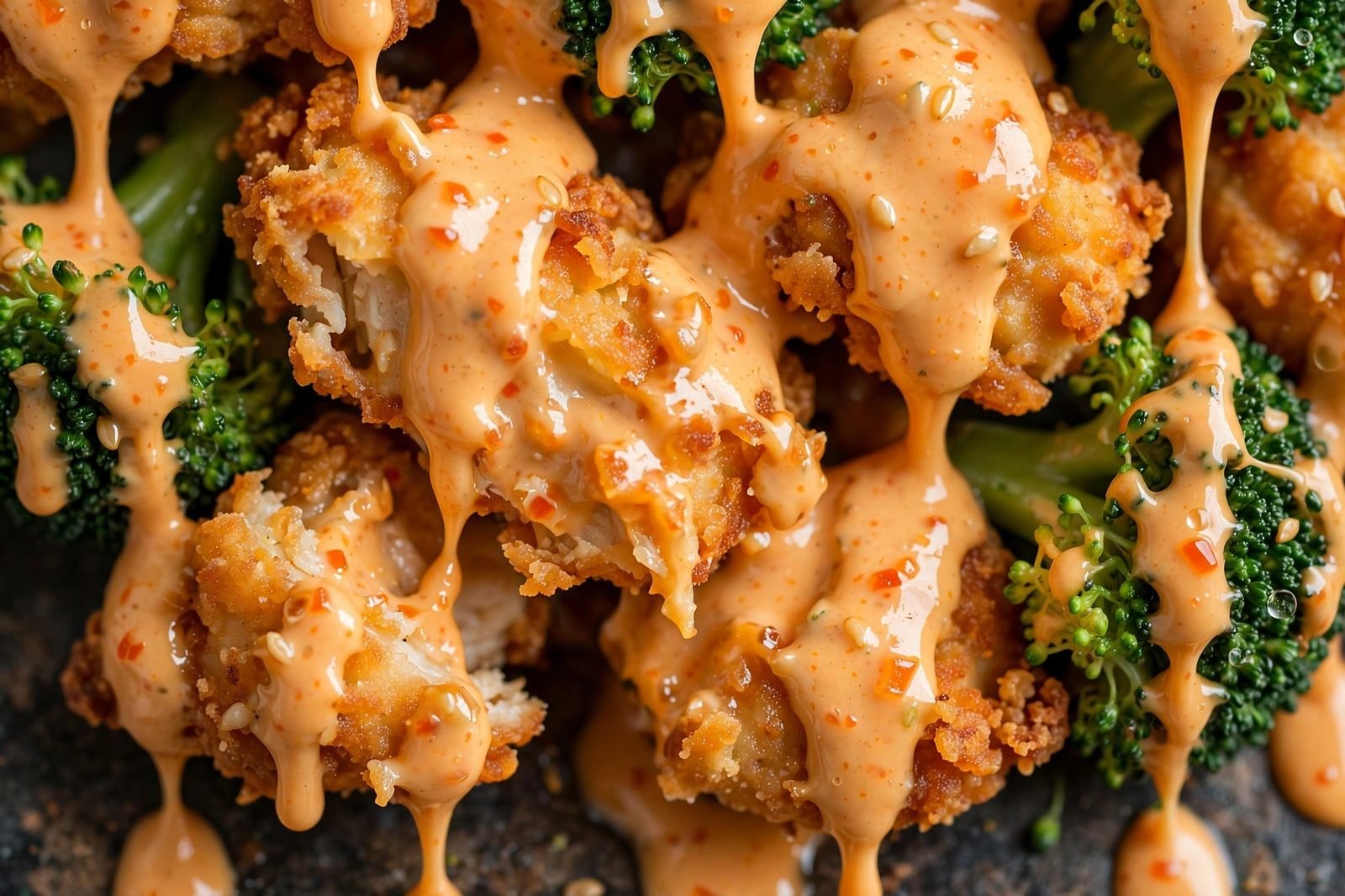 Close-up of bang bang sauce drizzled over chicken and broccoli.