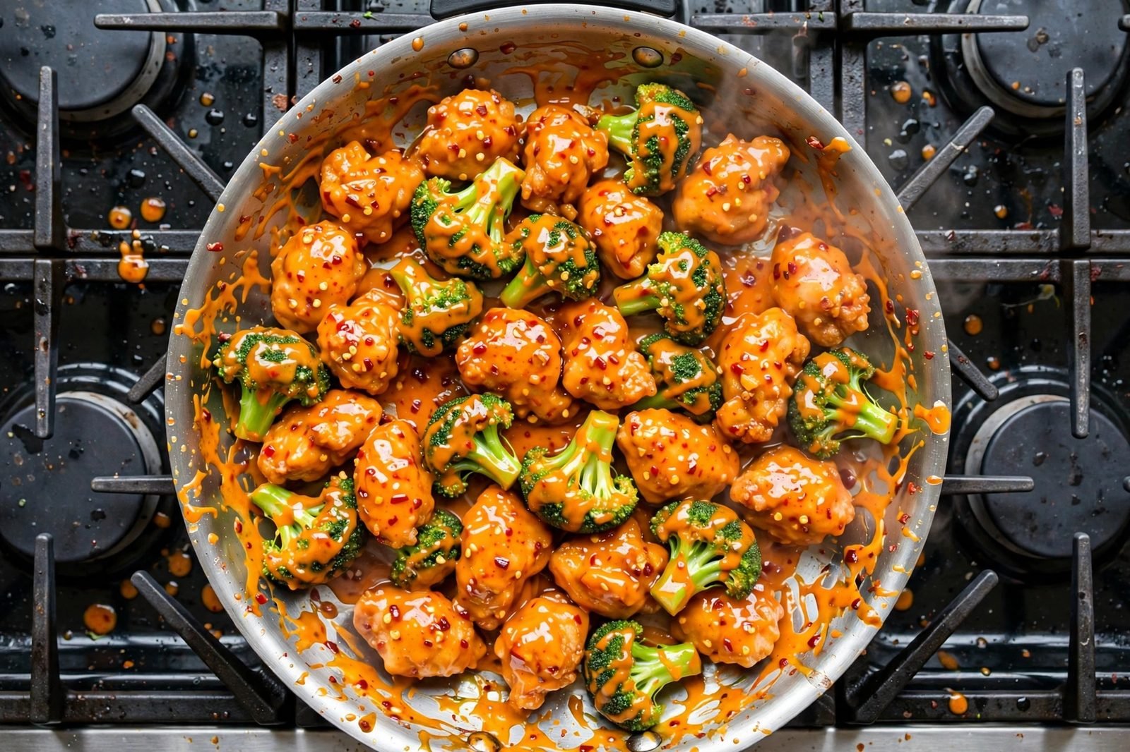 Bang bang sauce tossed through chicken and broccoli in a skillet.