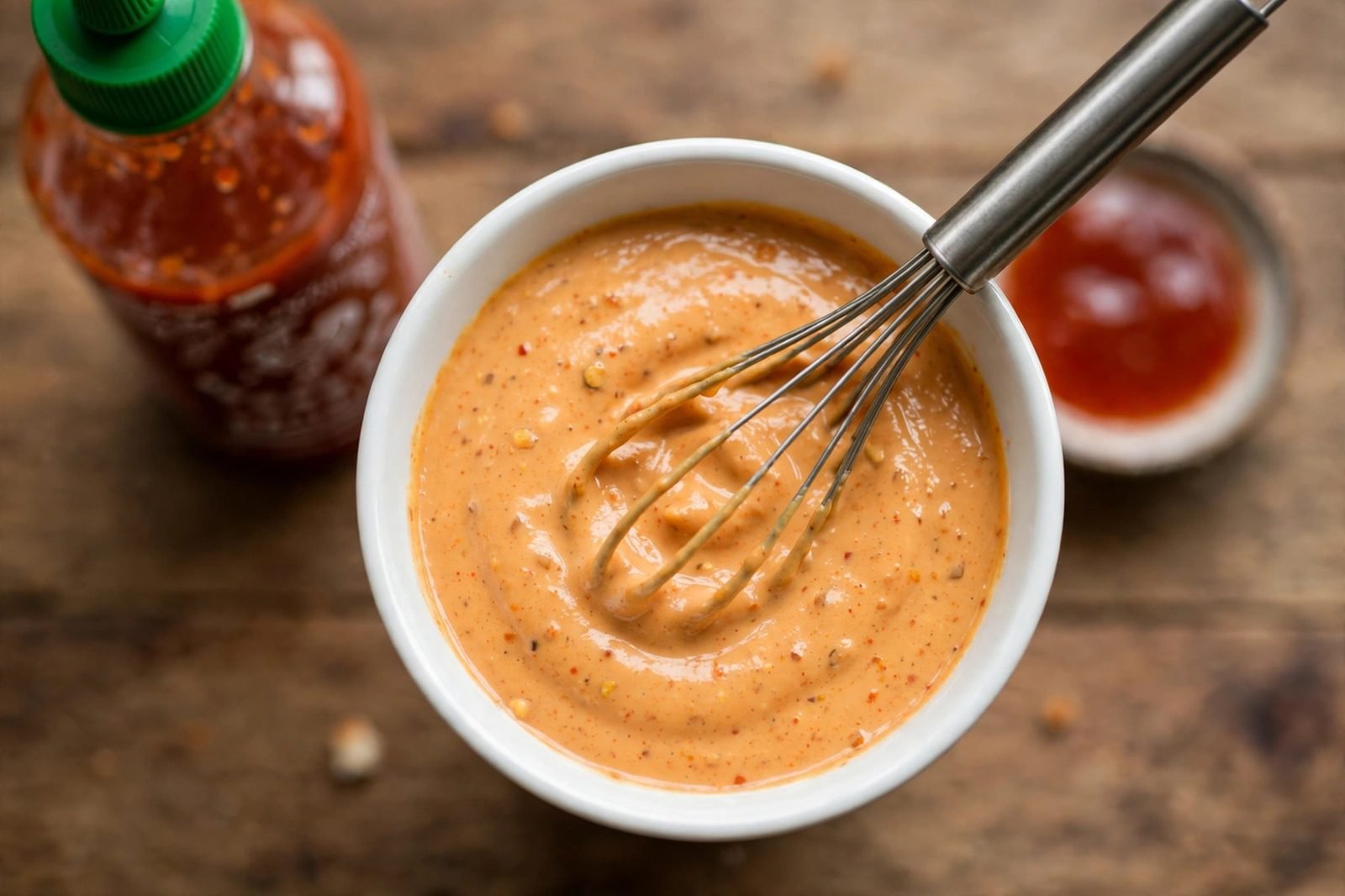 Bang bang sauce being whisked smooth in a small bowl.