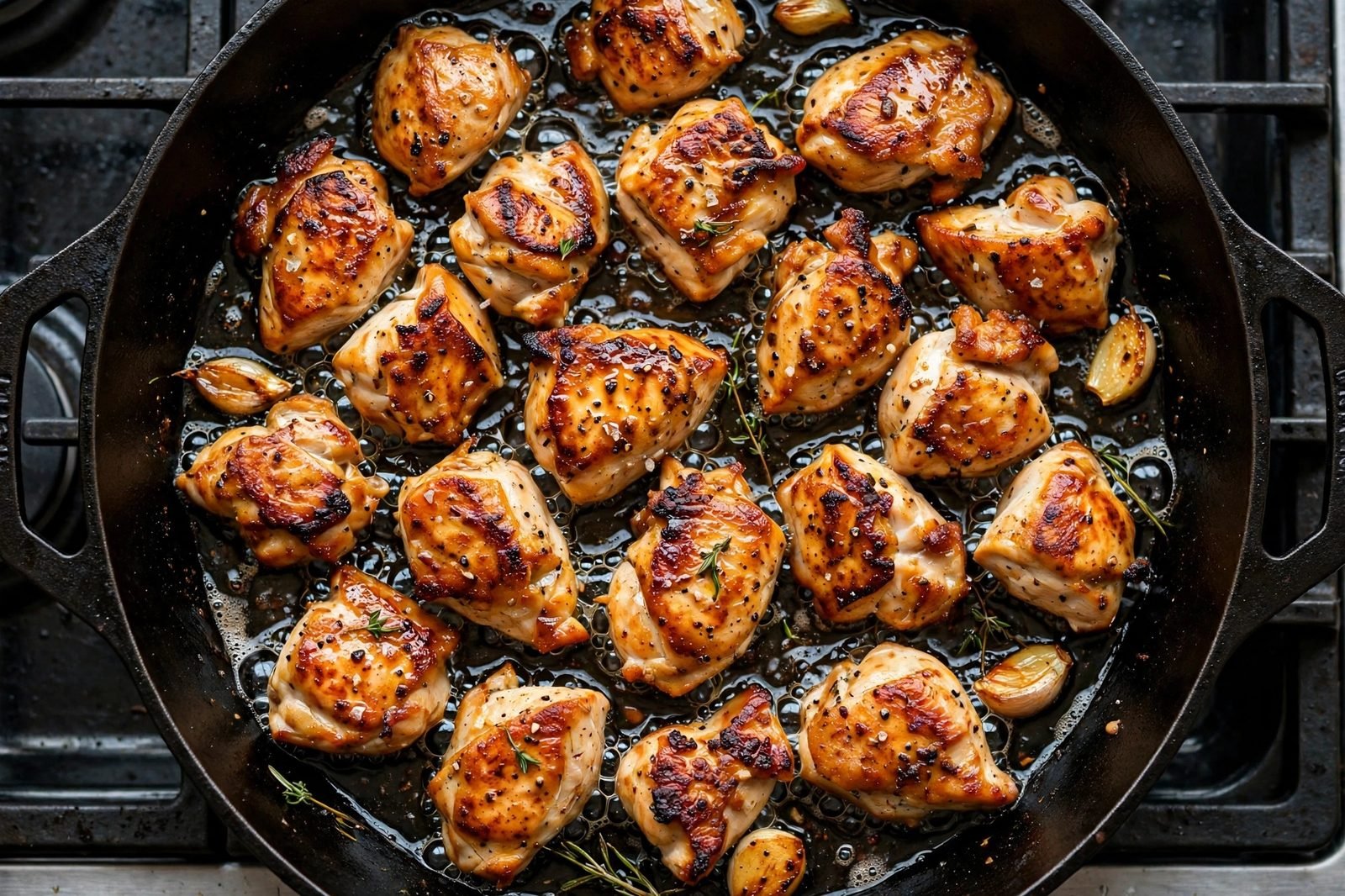 Chicken pieces searing golden in a hot skillet.