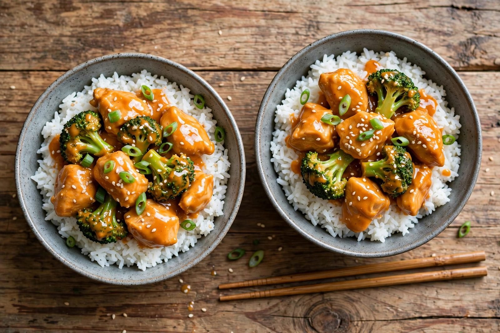 Bowls of bang bang chicken and broccoli served over rice.