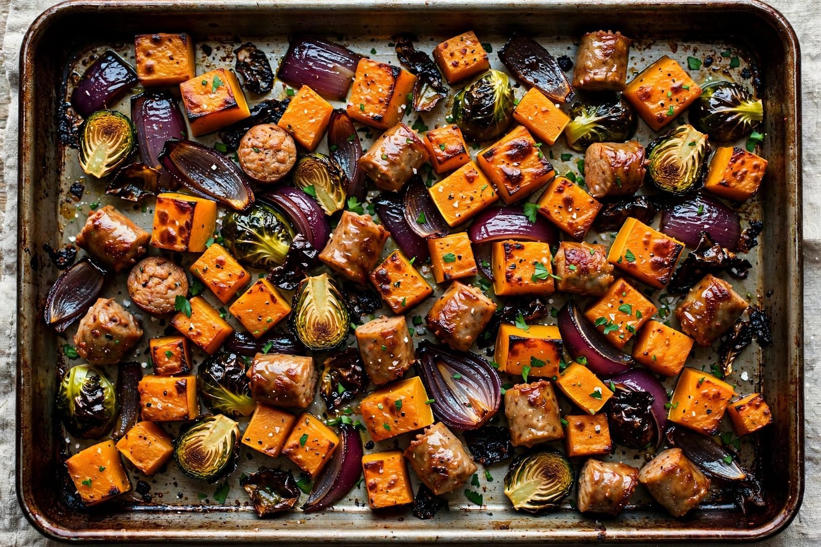 Close-up of the finished sheet pan with caramelized butternut squash, crispy Brussels sprouts, and browned sausage chunks.