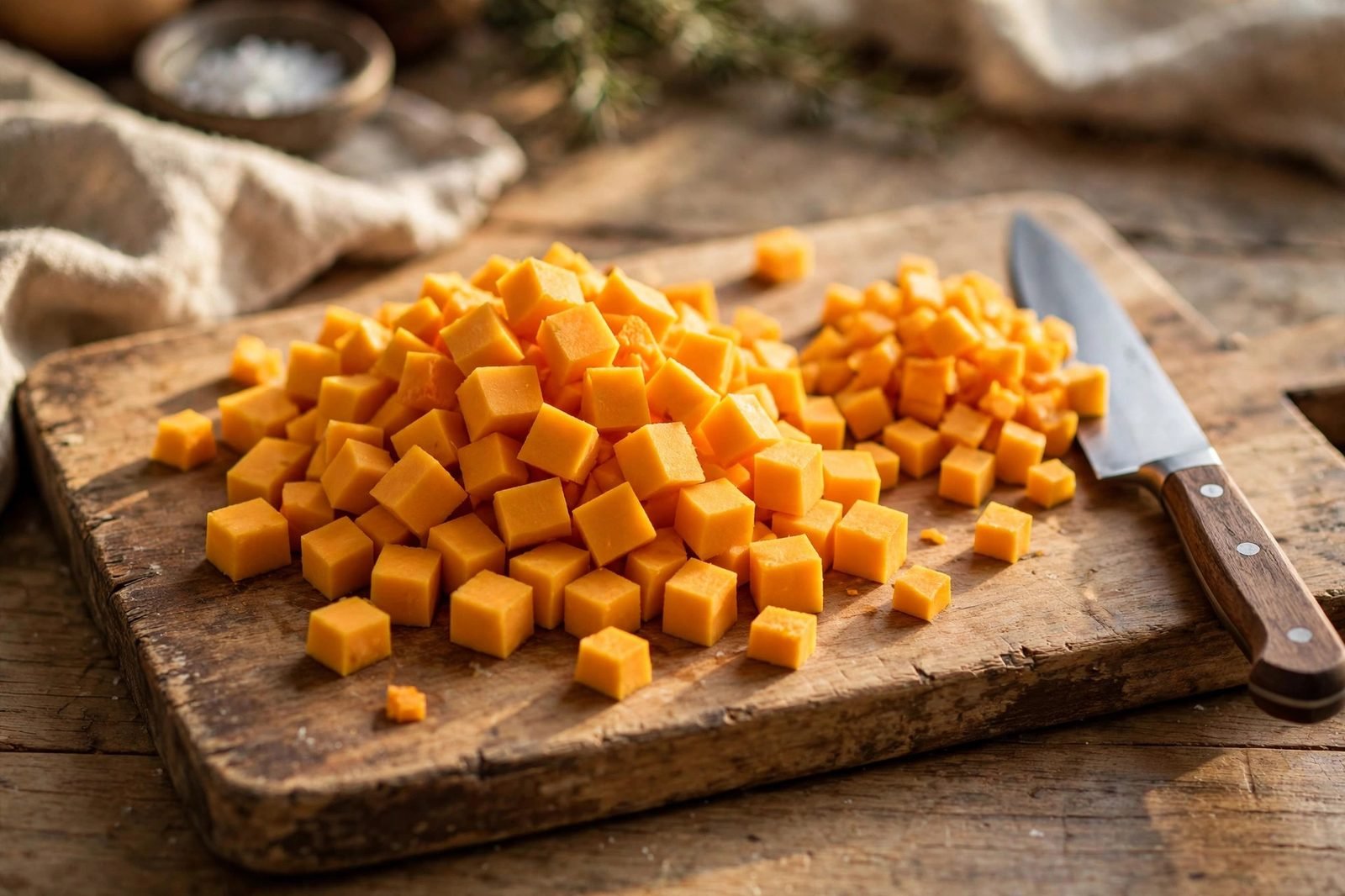 Butternut squash cut into small cubes on a wooden cutting board next to a chef's knife.