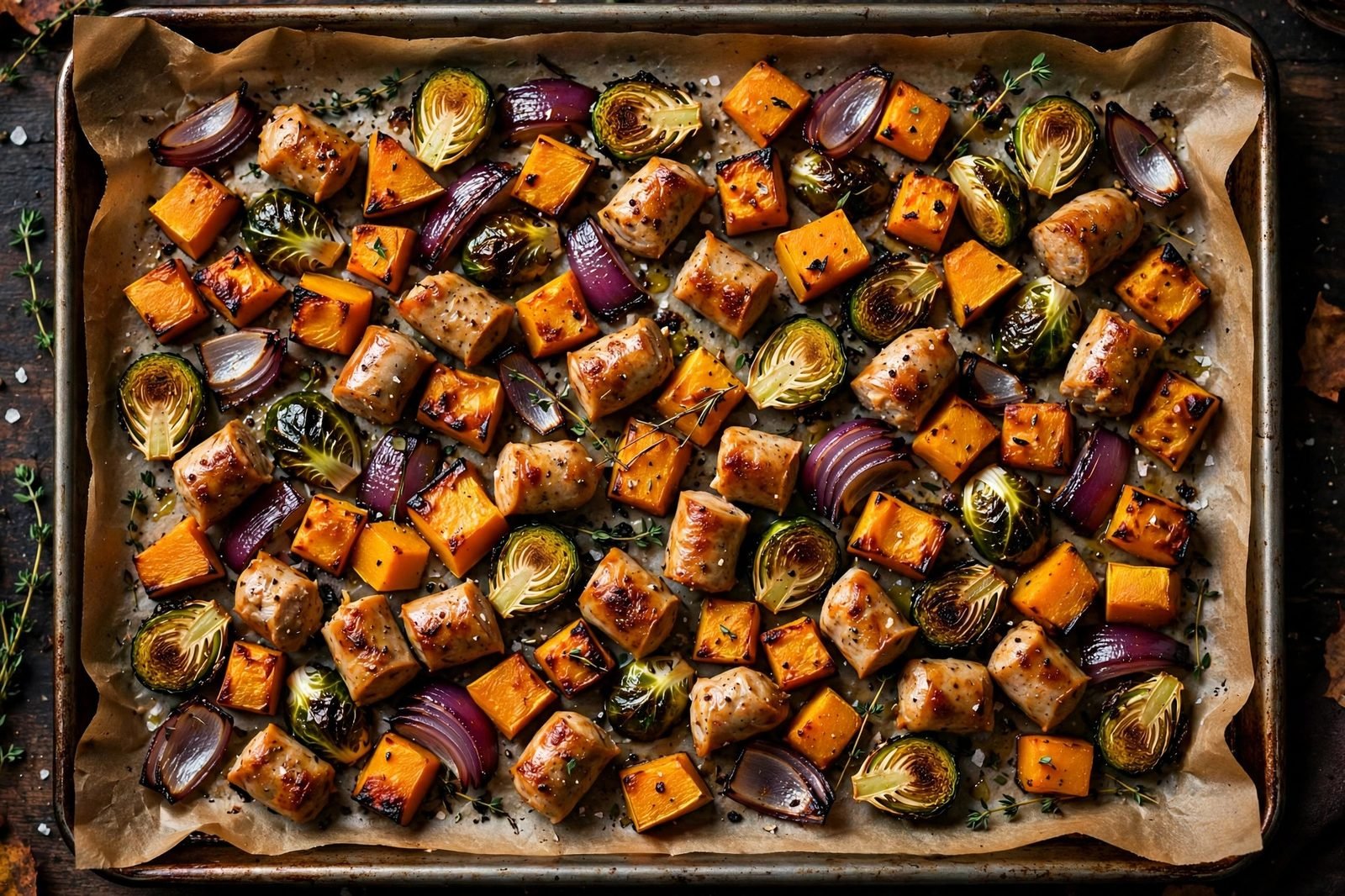 Sheet pan of roasted chicken sausage chunks with caramelized butternut squash cubes, Brussels sprouts, and red onion wedges.