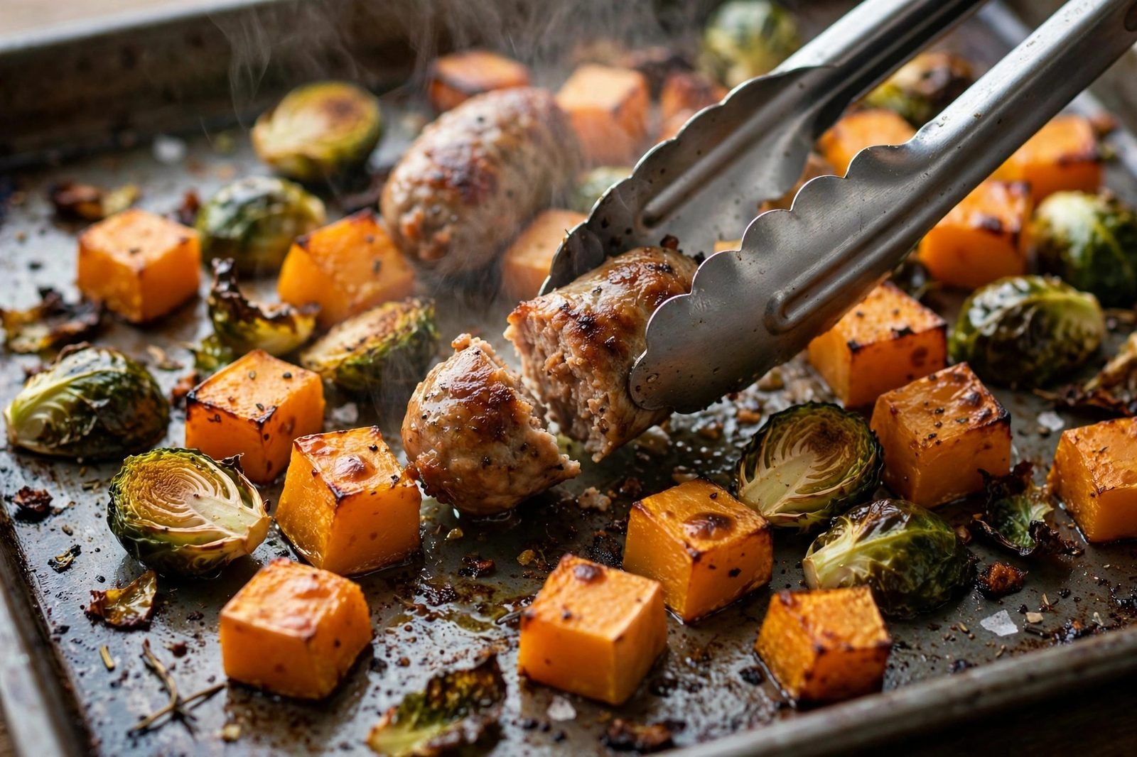 Tongs flipping a browned sausage chunk on a partially roasted sheet pan of vegetables.