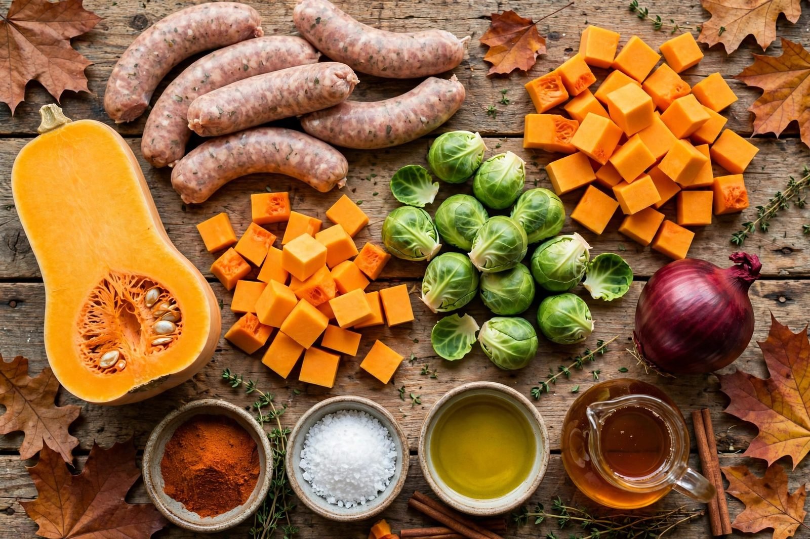 Ingredients for sheet pan sausage and butternut squash arranged on a wooden table: sausage links, butternut squash, Brussels sprouts, red onion, and spices.