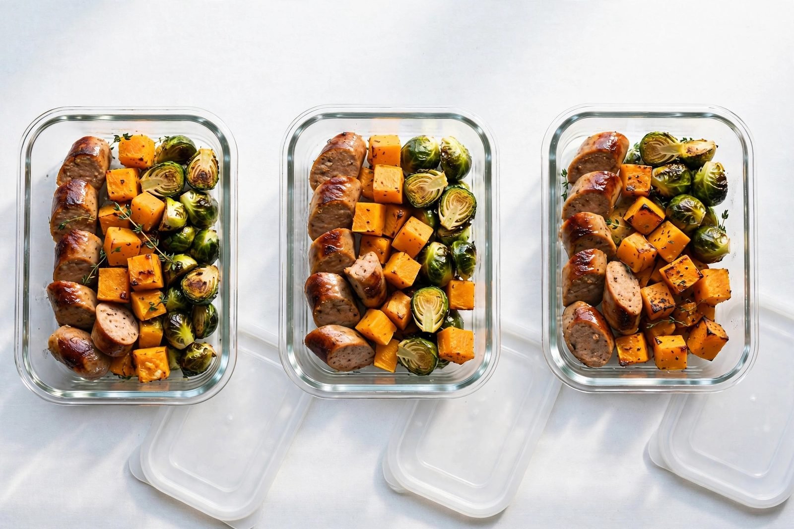 Glass meal-prep containers portioned with roasted sausage, butternut squash, and Brussels sprouts.