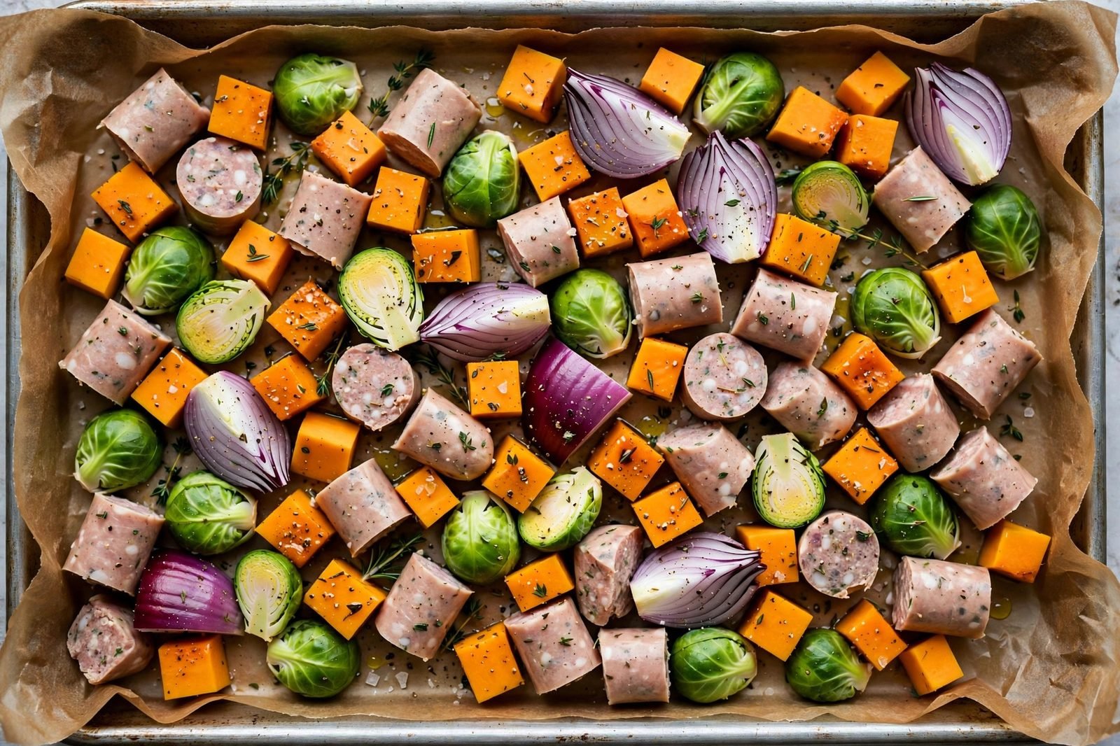Sheet pan lined with parchment holding seasoned raw vegetables and chicken sausage chunks in a single layer before roasting.