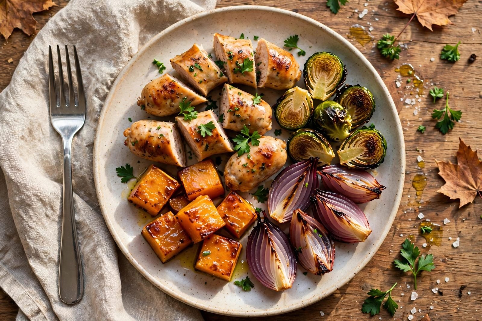 Overhead view of a plated serving of sheet pan sausage with butternut squash and Brussels sprouts.