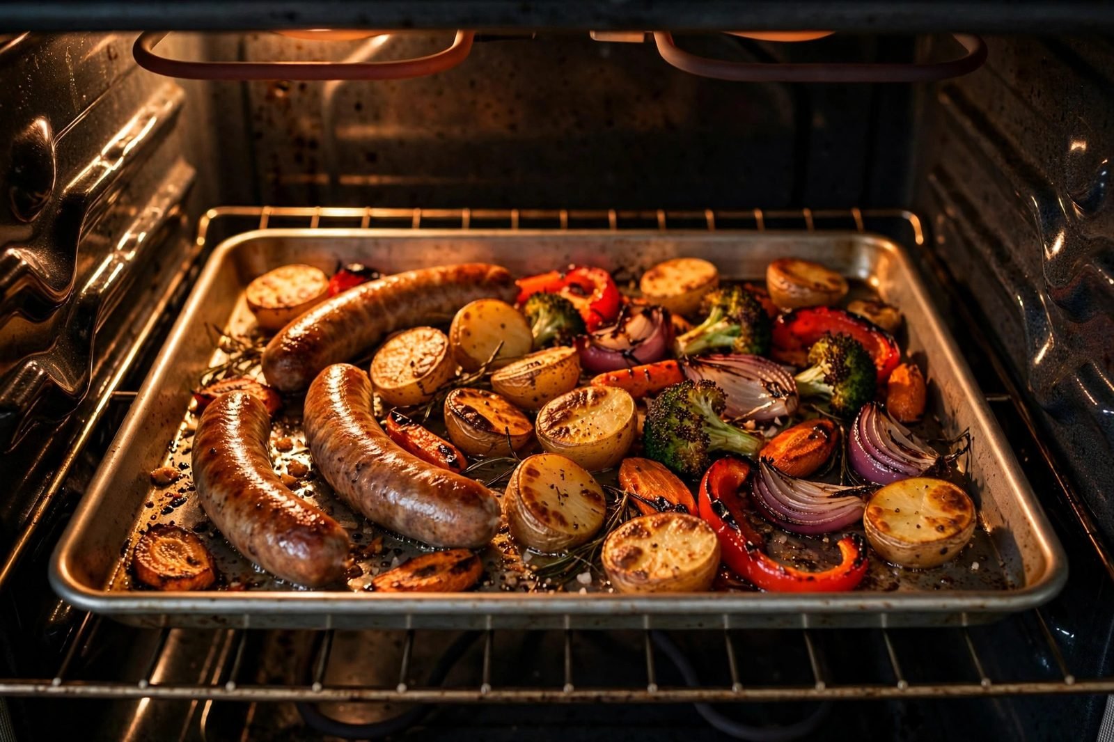 Sheet pan of sausage, butternut squash, and Brussels sprouts roasting inside an oven.