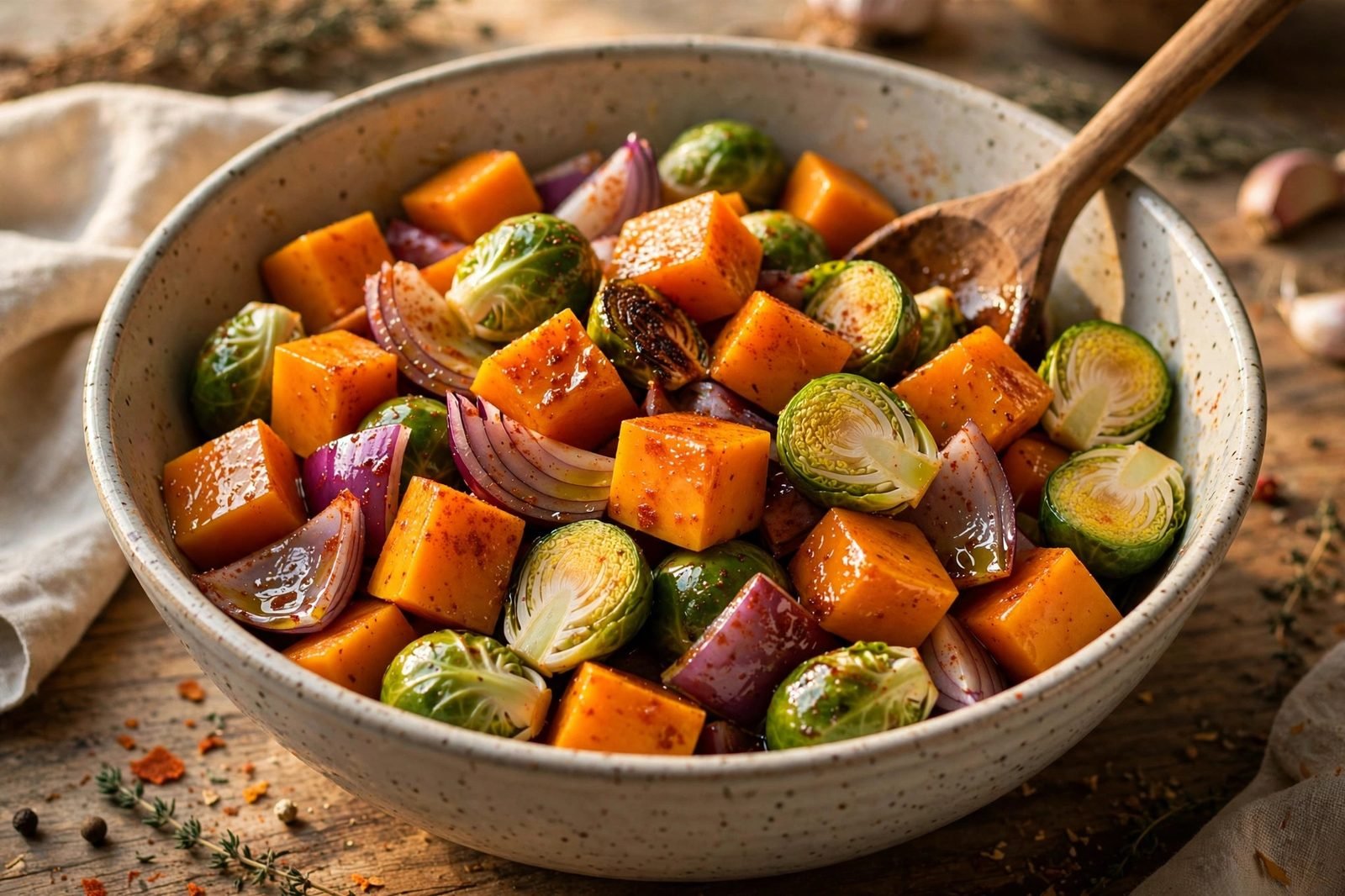 Cubed butternut squash, halved Brussels sprouts, and red onion wedges tossed with olive oil and smoked paprika seasoning in a large bowl.