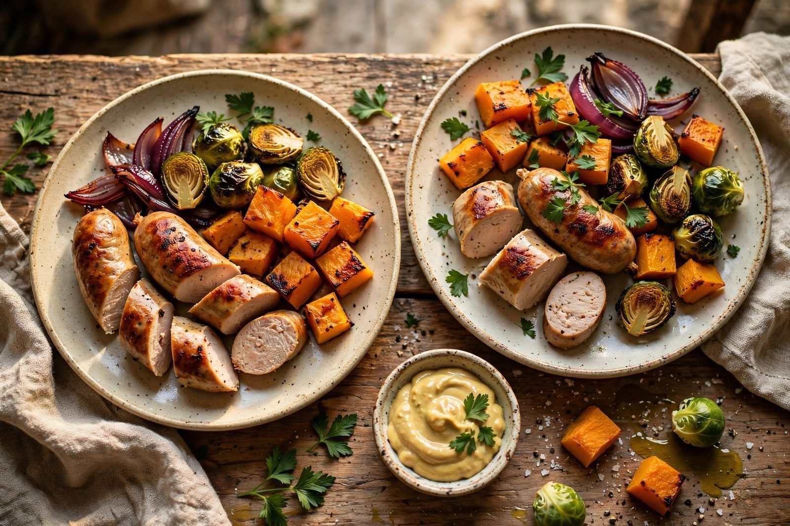 Two plates of sheet pan sausage with roasted butternut squash and Brussels sprouts, with Dijon mustard on the side.