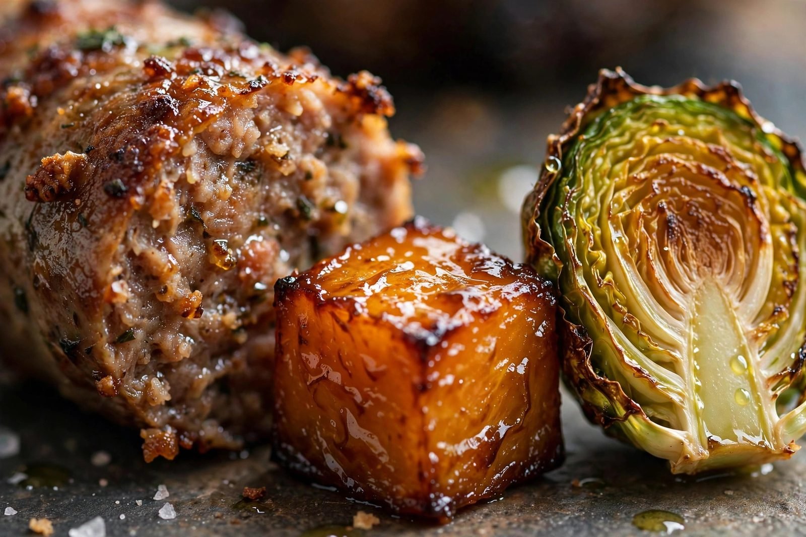 Close-up of a roasted sausage chunk, caramelized butternut squash cube, and crispy Brussels sprout half.
