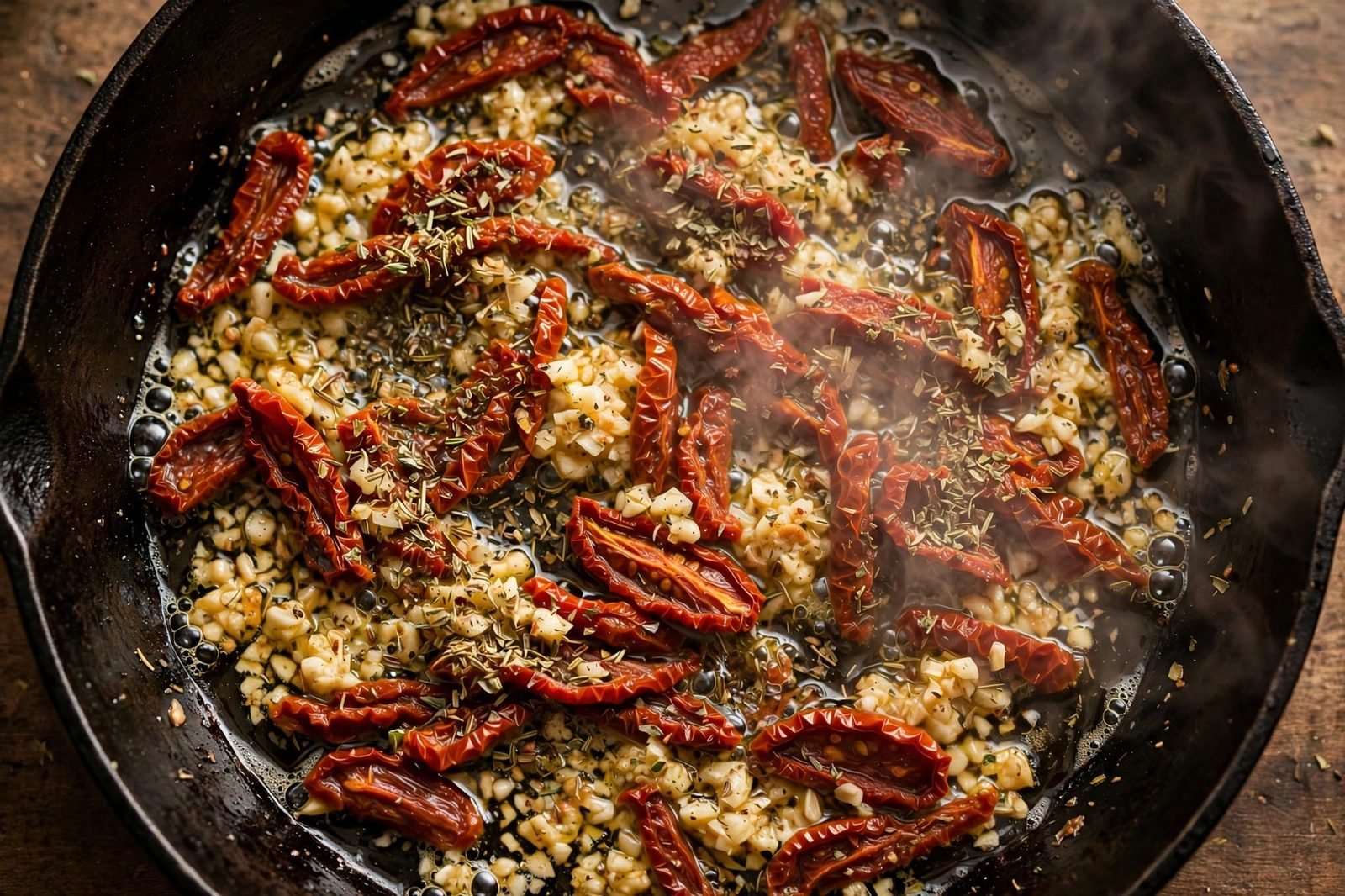 Garlic and sliced sun-dried tomatoes sizzling in the skillet