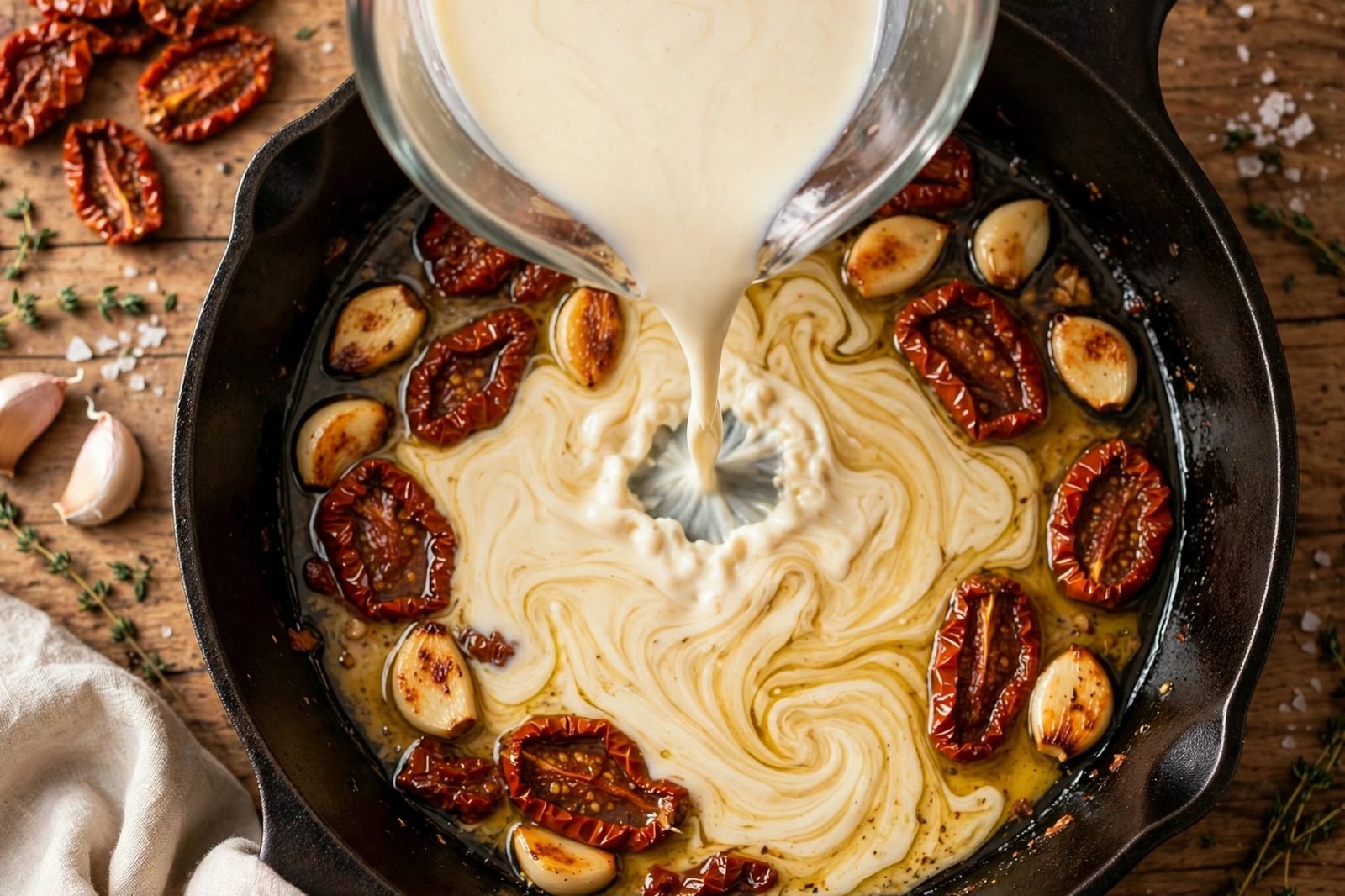 Chicken broth and cream being poured into the skillet