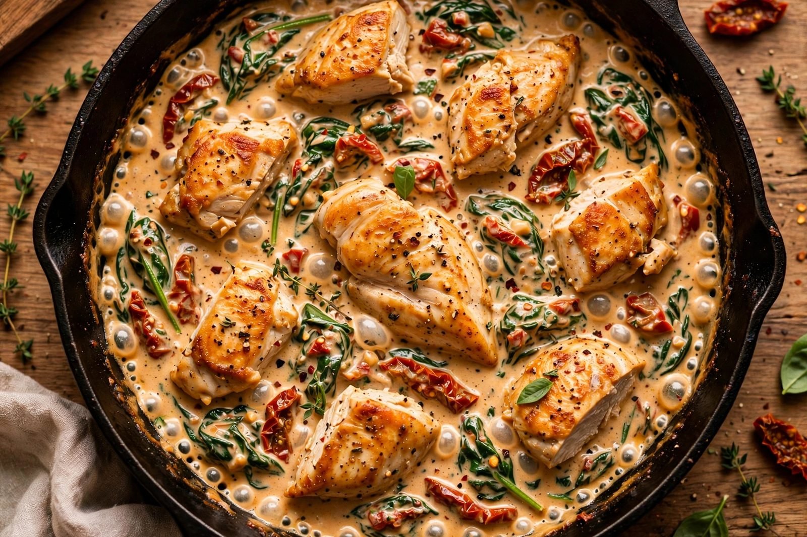 Seared chicken pieces returned to the simmering sauce