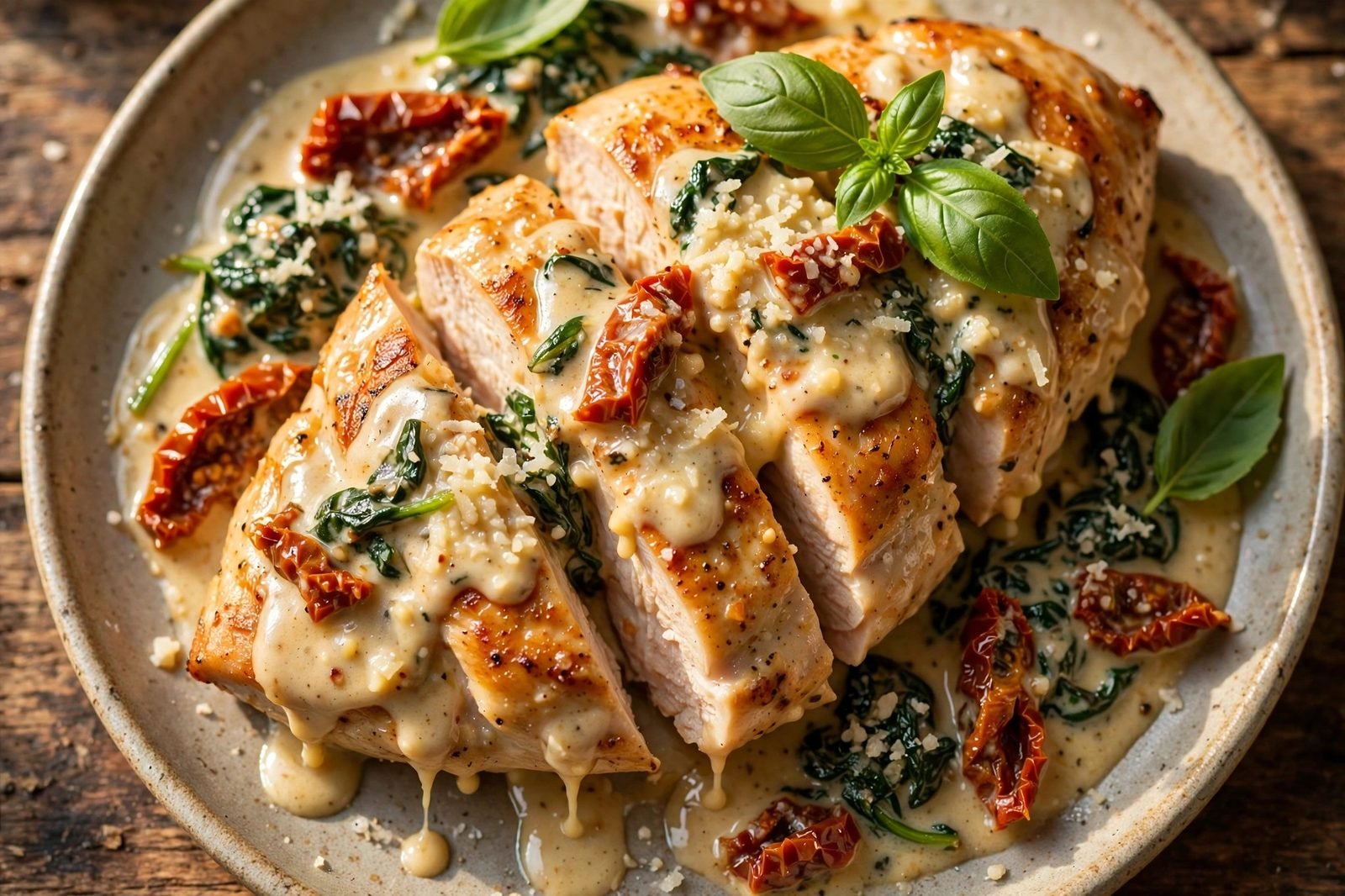 Close-up of creamy Tuscan chicken with sun-dried tomatoes and basil