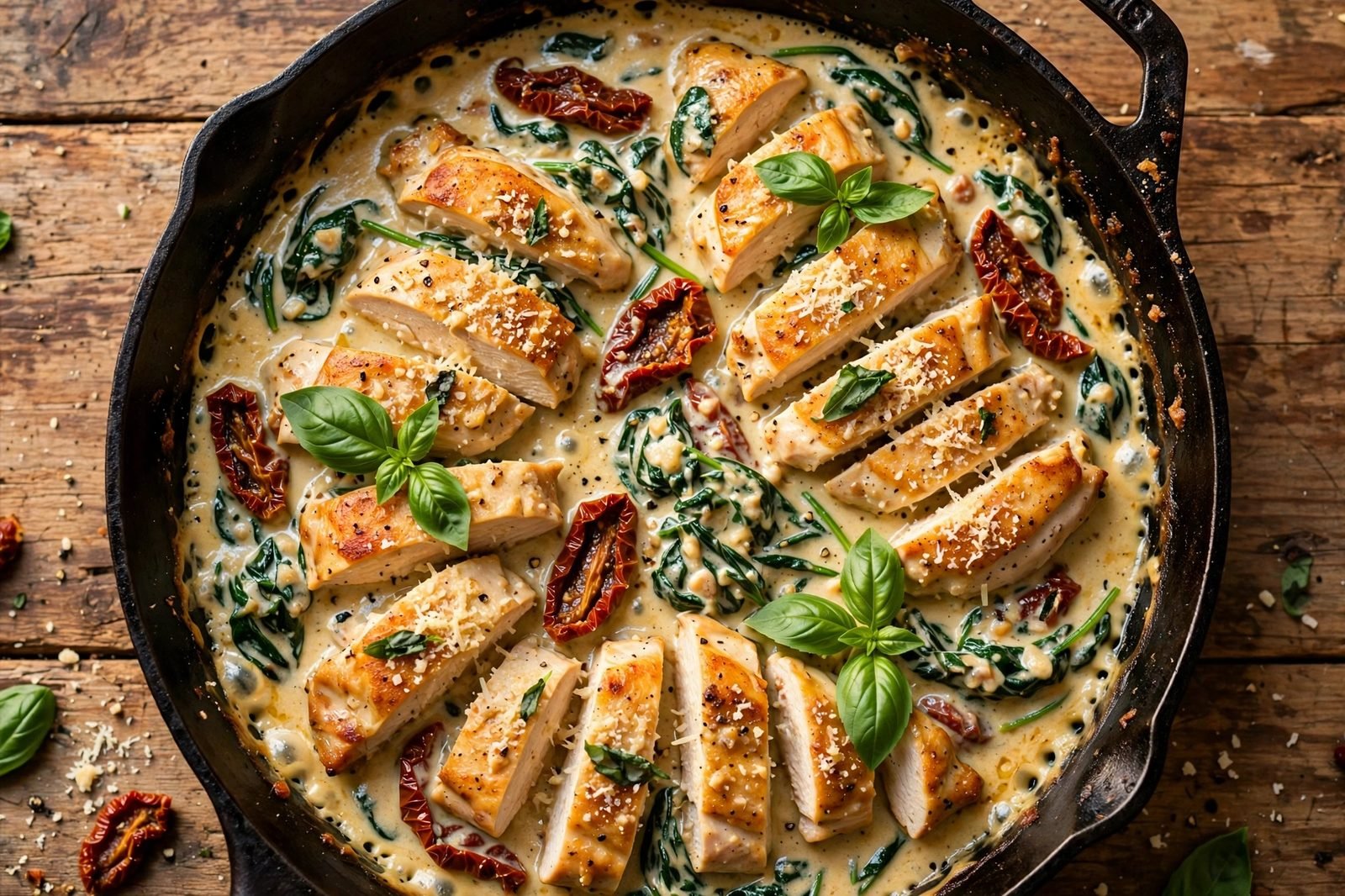 Overhead of a skillet of creamy Tuscan chicken with sun-dried tomatoes, spinach, basil, and Parmesan