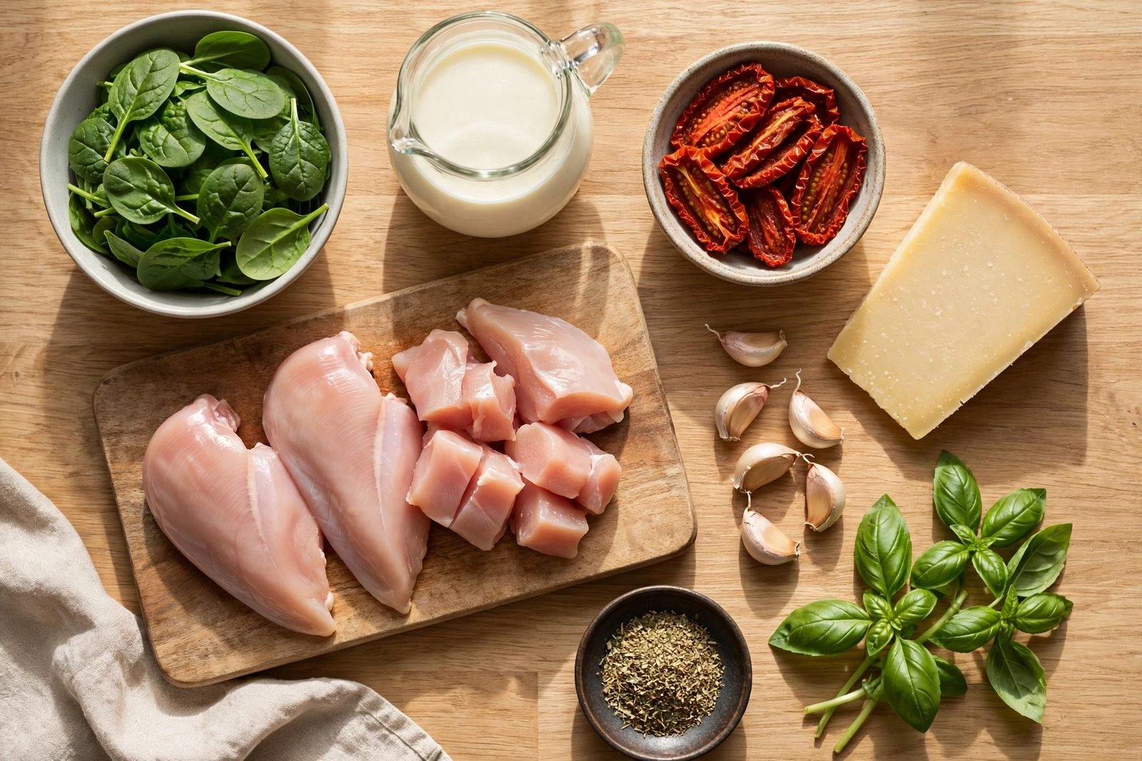 Ingredients for Tuscan chicken skillet: chicken pieces, spinach, sun-dried tomatoes, cream, Parmesan, garlic