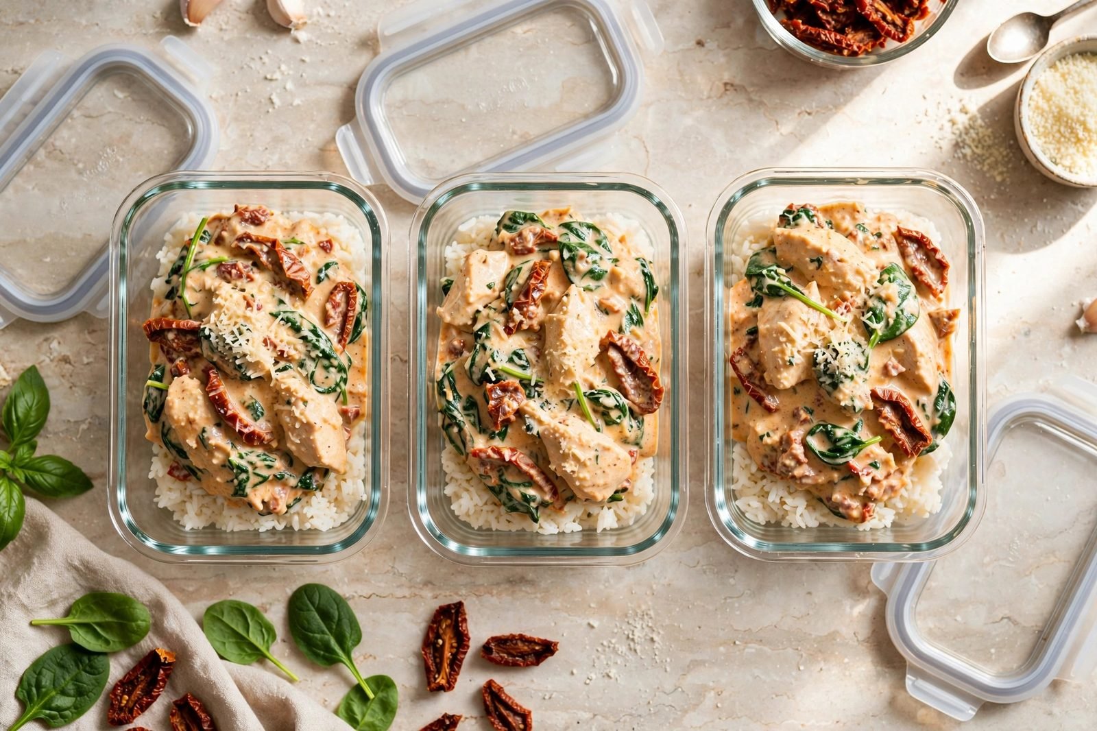 Glass meal-prep containers filled with Tuscan chicken and rice
