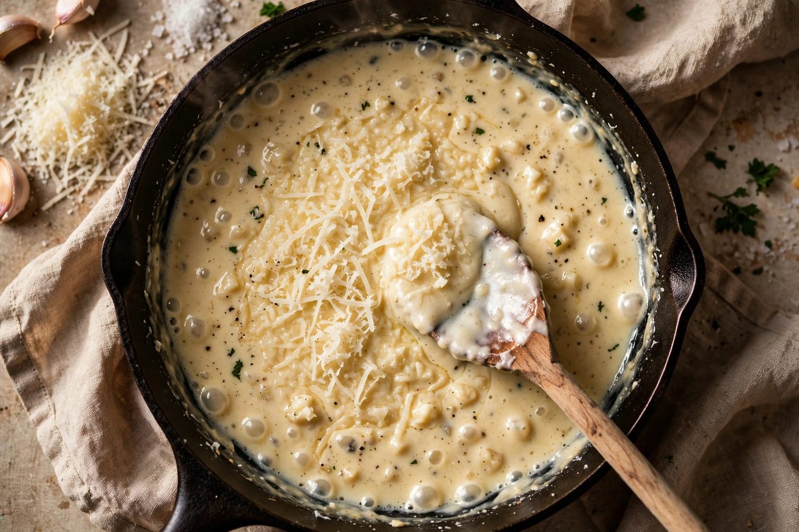 Grated Parmesan melting into the simmering cream sauce