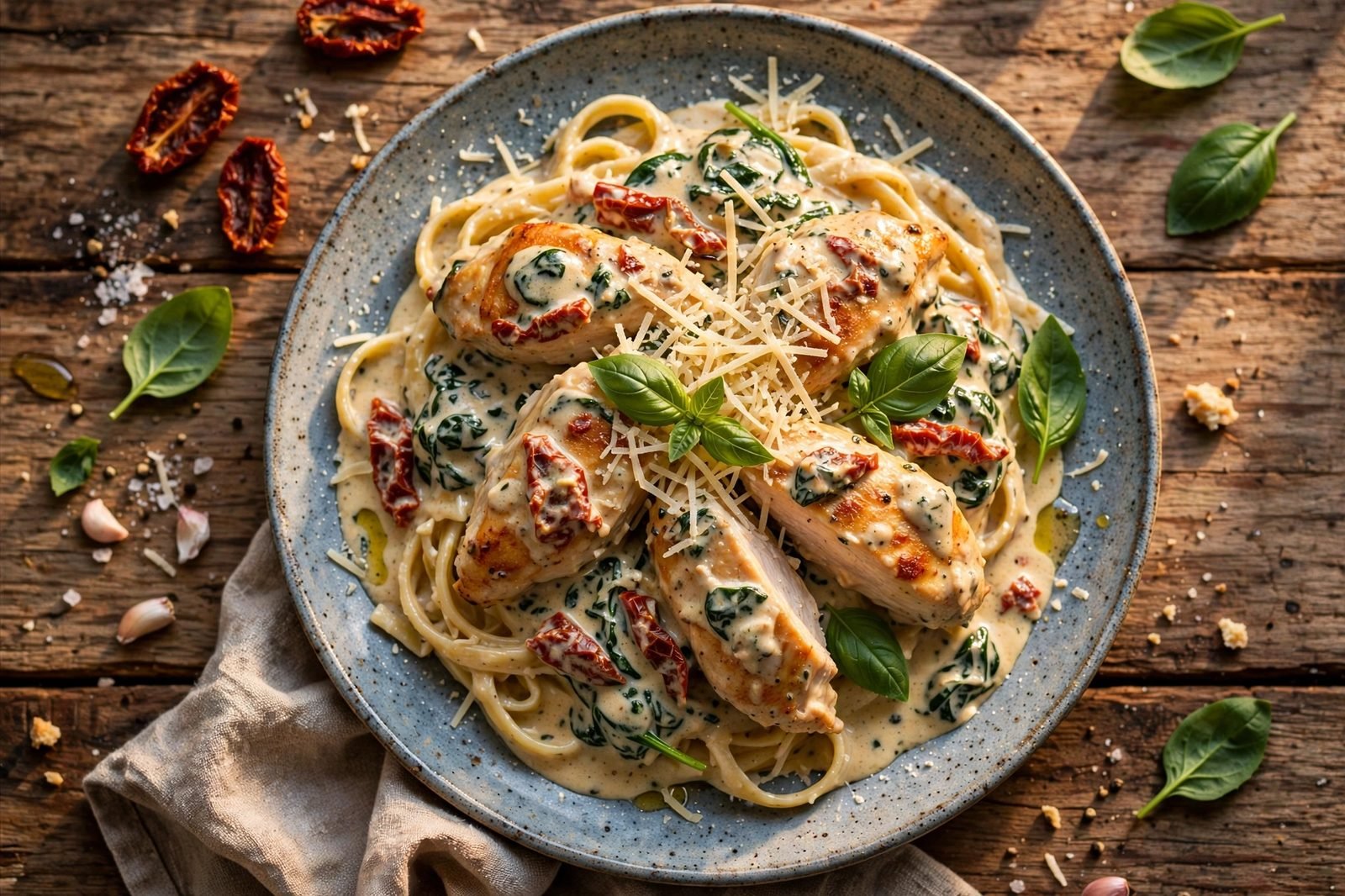 Tuscan chicken served over pasta with basil and extra Parmesan
