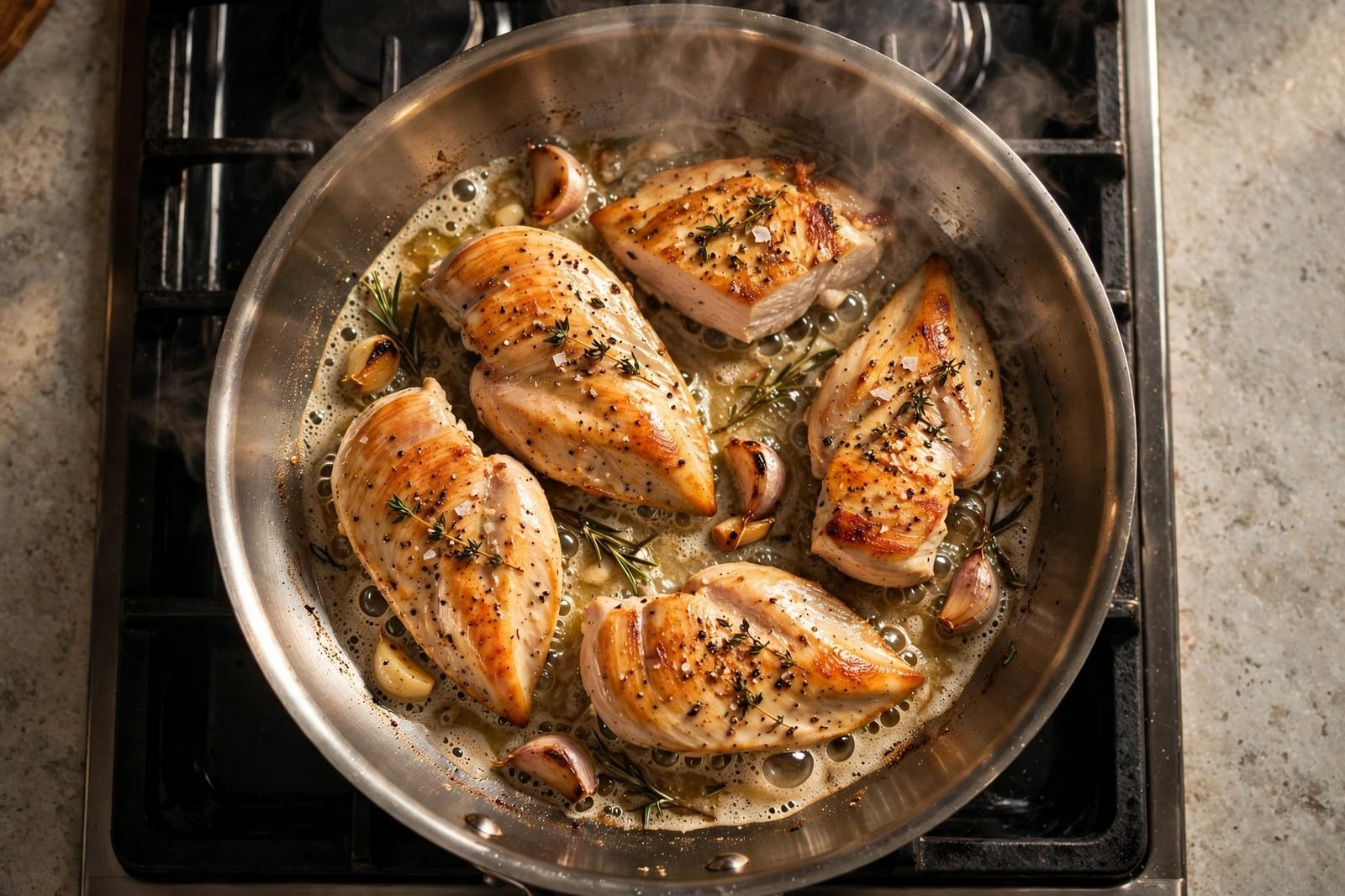 Golden chicken pieces searing in a large skillet