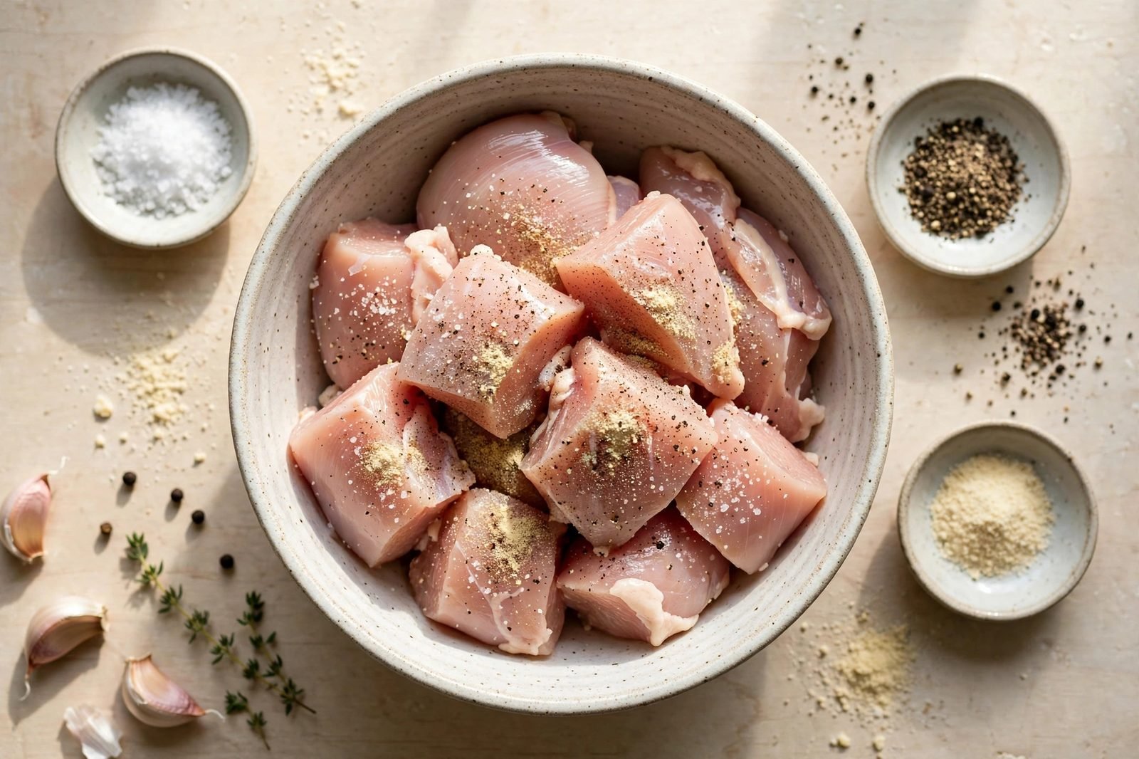 Raw chicken pieces tossed with salt, pepper, and garlic powder in a bowl