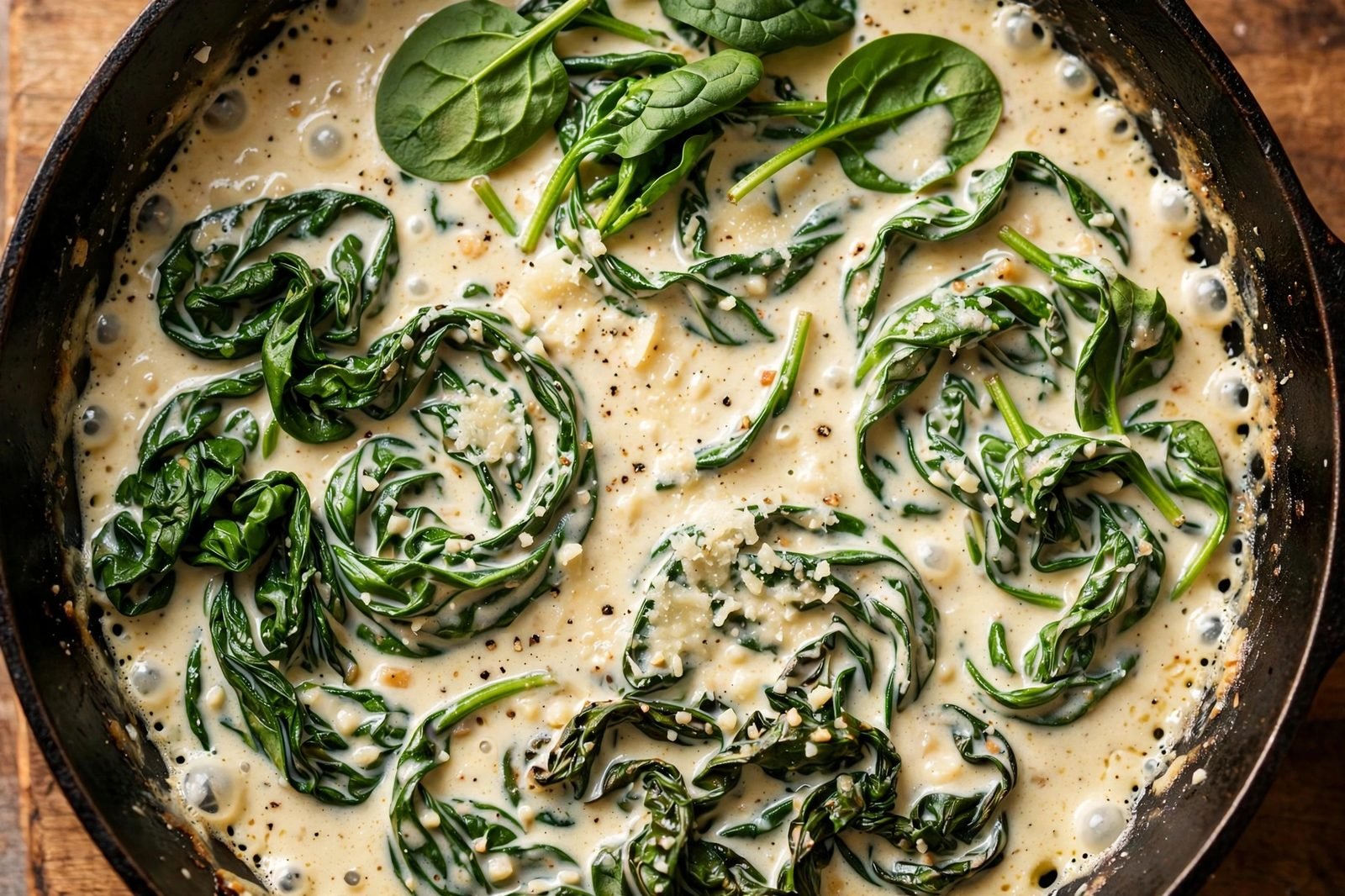 Baby spinach wilting into the creamy sauce