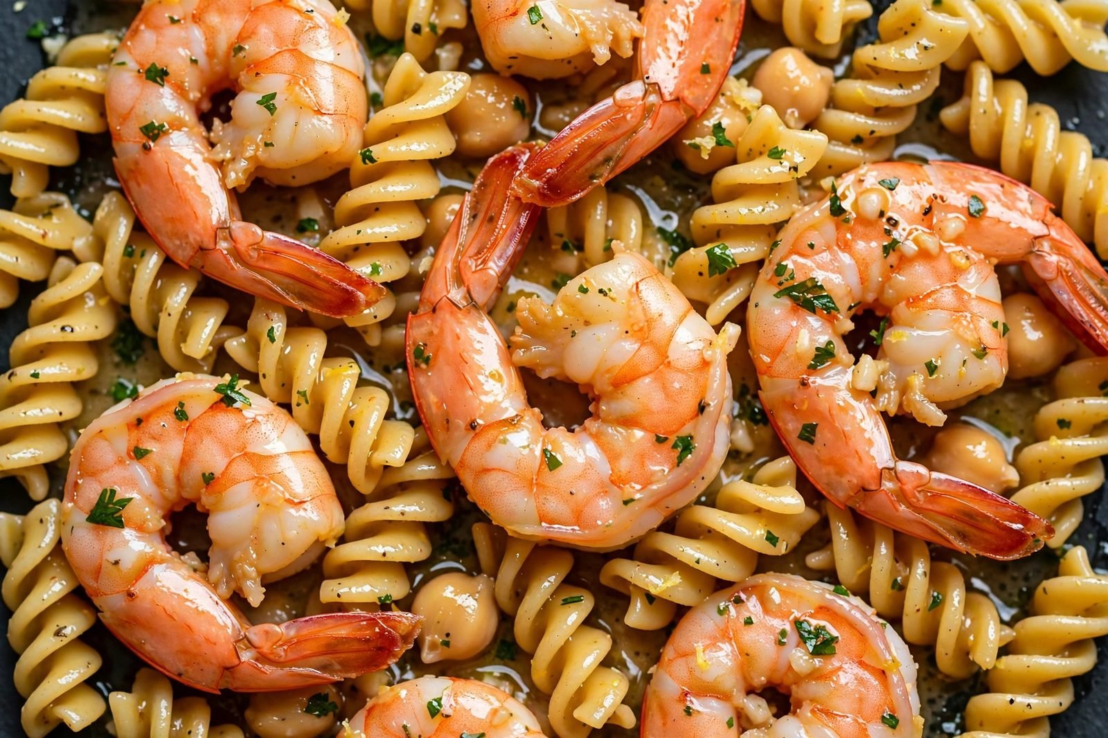 Close-up of glossy shrimp and rotini in garlic butter sauce