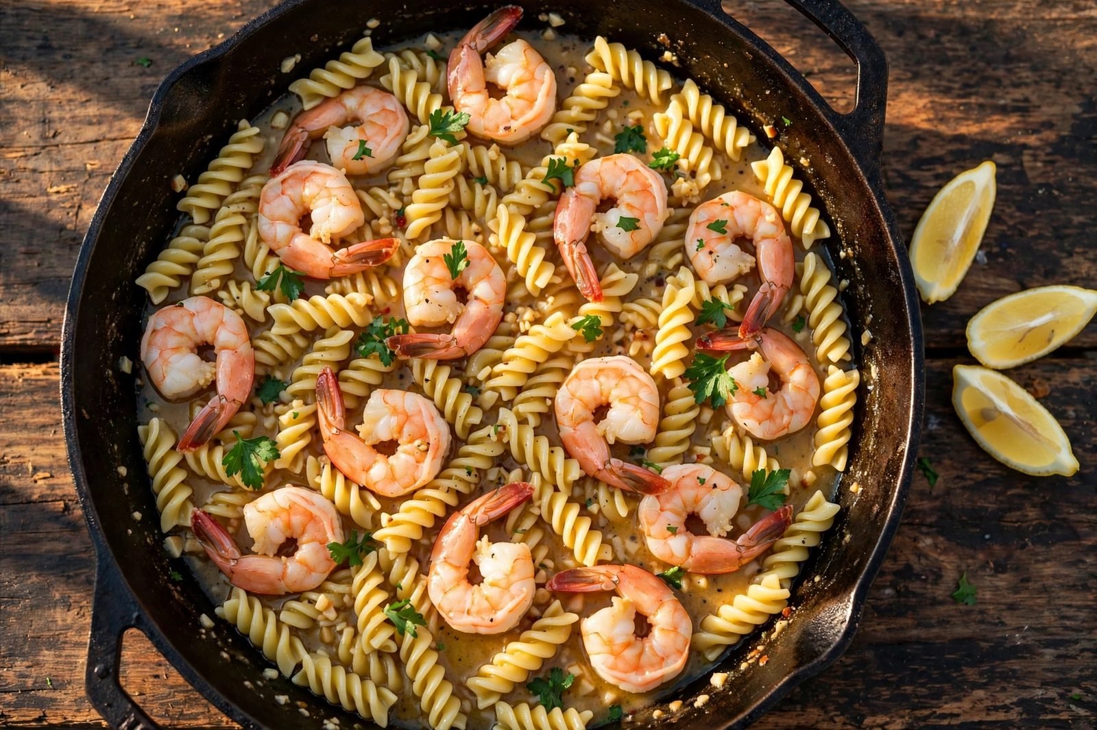 Overhead skillet of shrimp scampi with short chickpea rotini, parsley, and lemon wedges